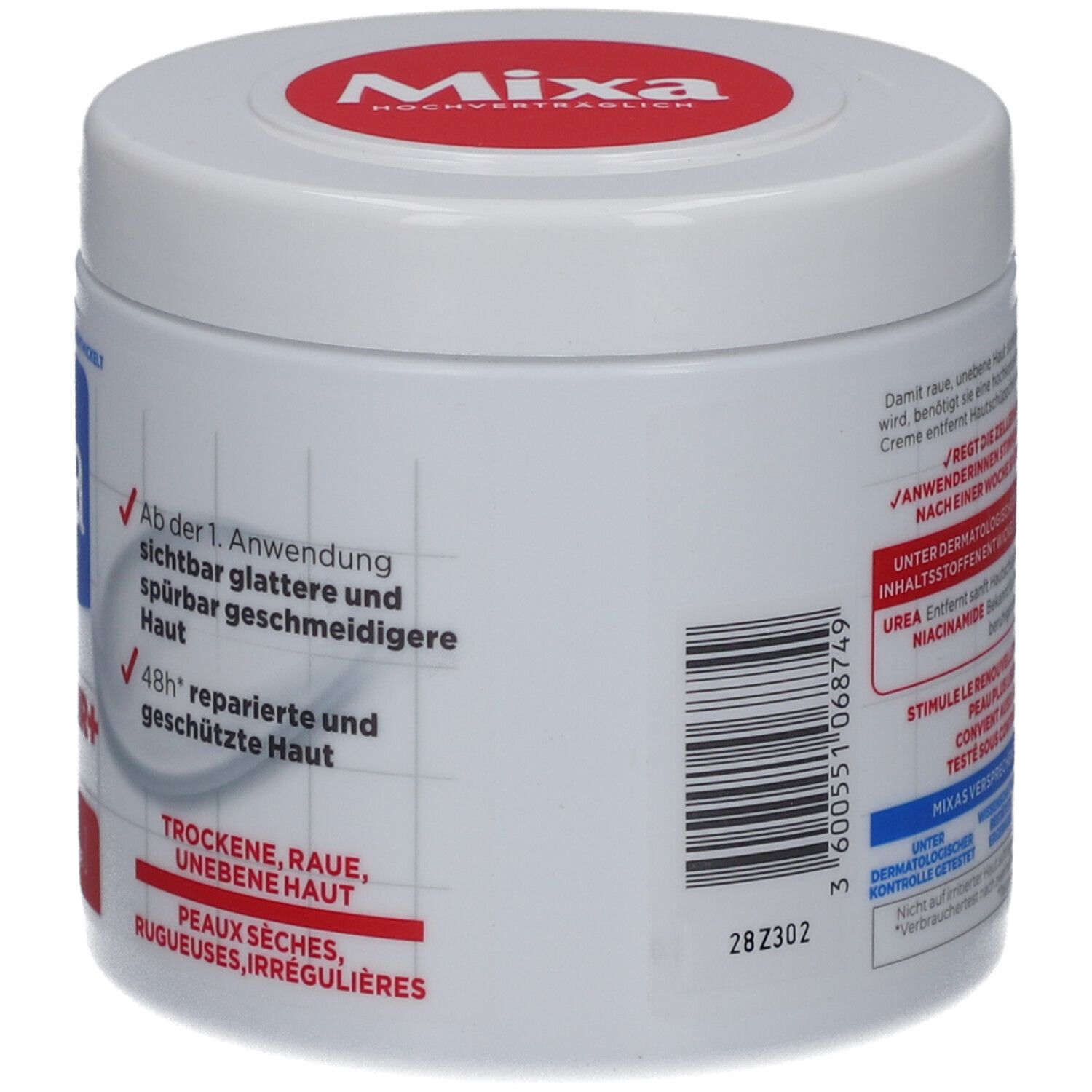 Weißer Tiegel mit rotem Deckel. Aufschrift Mixa und Produktinformationen. Rückseite mit Text und Barcode.