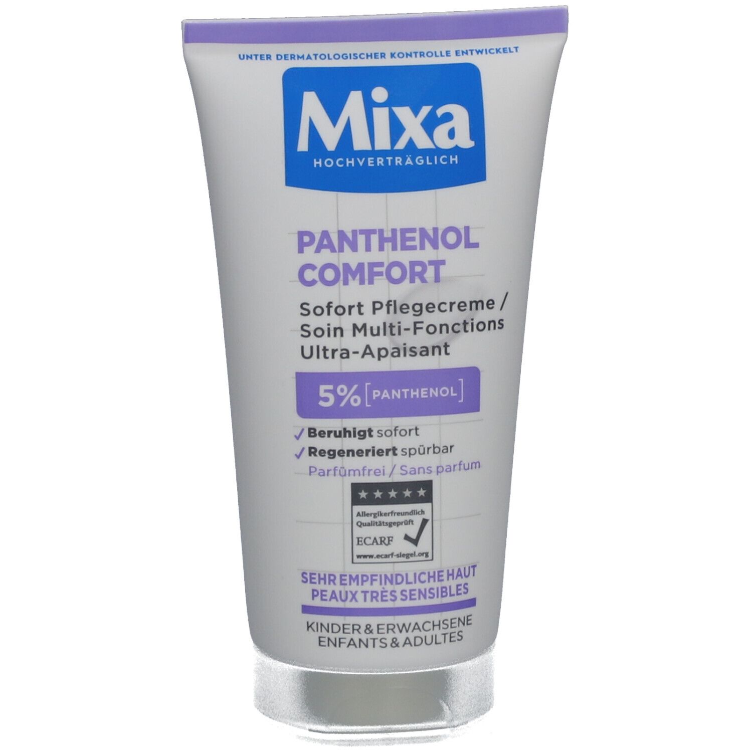 Weiß-lila Tube. Mixa-Logo, Panthenol Comfort, 5% Panthenol. Für empfindliche Haut. ECARF-Siegel.