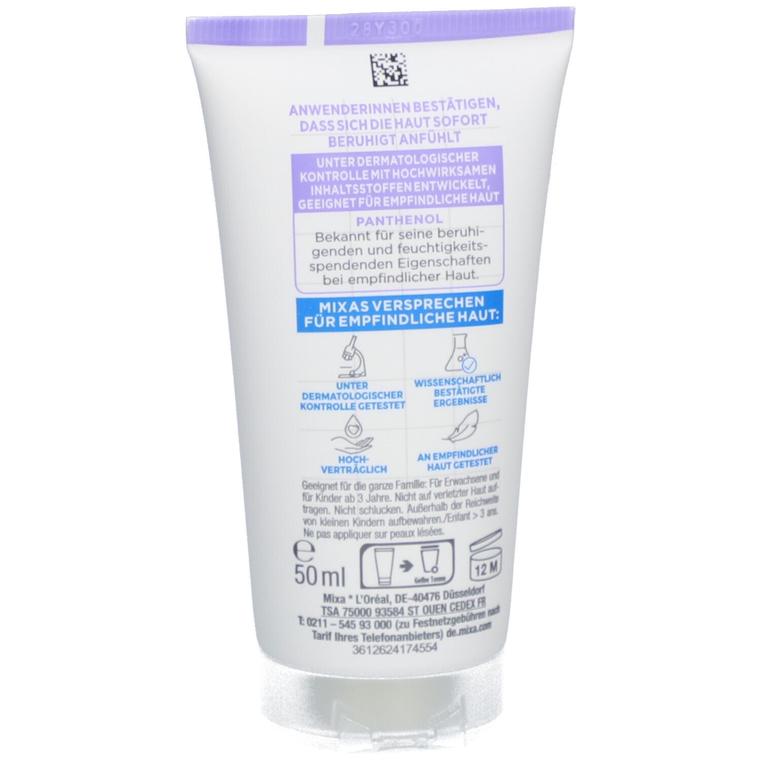Rückseite der Tube. Text: Anwendung bestätigt, beruhigt sofort. Mixa-Versprechen für empfindliche Haut. 50ml.