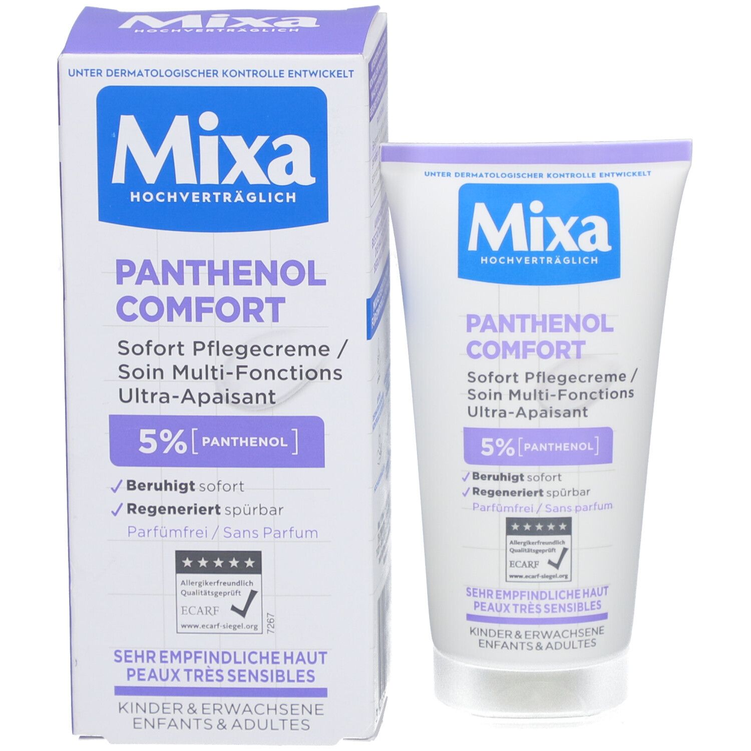 Produkt mit Verpackung. Tube und Karton. Mixa-Logo, Panthenol Comfort, 5% Panthenol. Für empfindliche Haut. ECARF-Siegel.