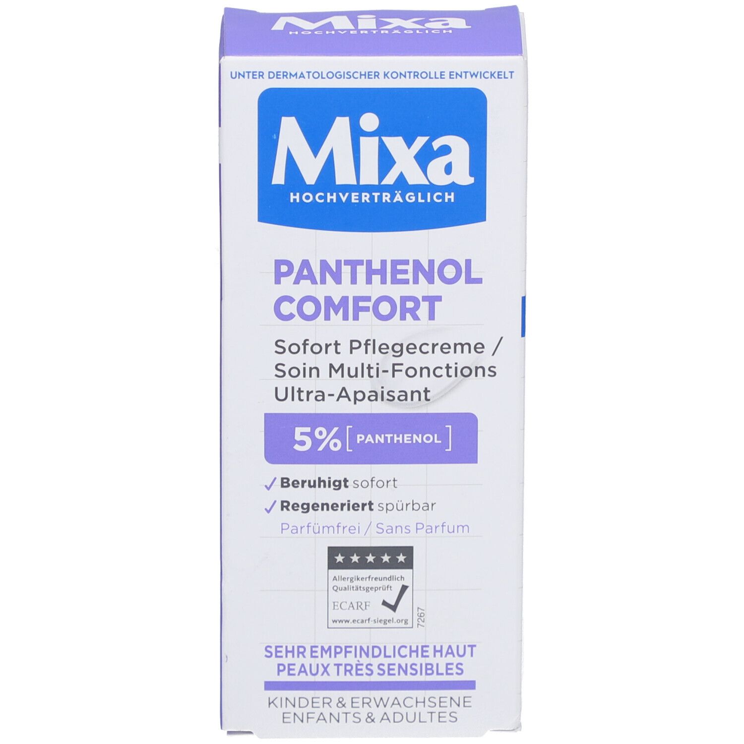 Karton. Mixa-Logo, Panthenol Comfort, 5% Panthenol. Für empfindliche Haut. ECARF-Siegel. Kinder & Erwachsene.