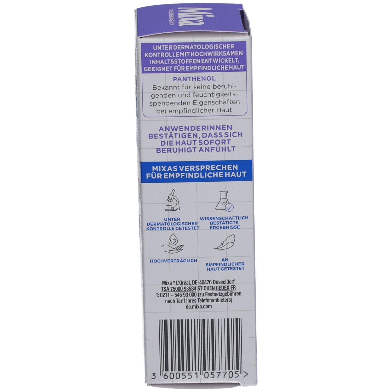 Kartonseite. Text: Unter dermatologischer Kontrolle entwickelt. Mixas Versprechen für empfindliche Haut. Adresse.
