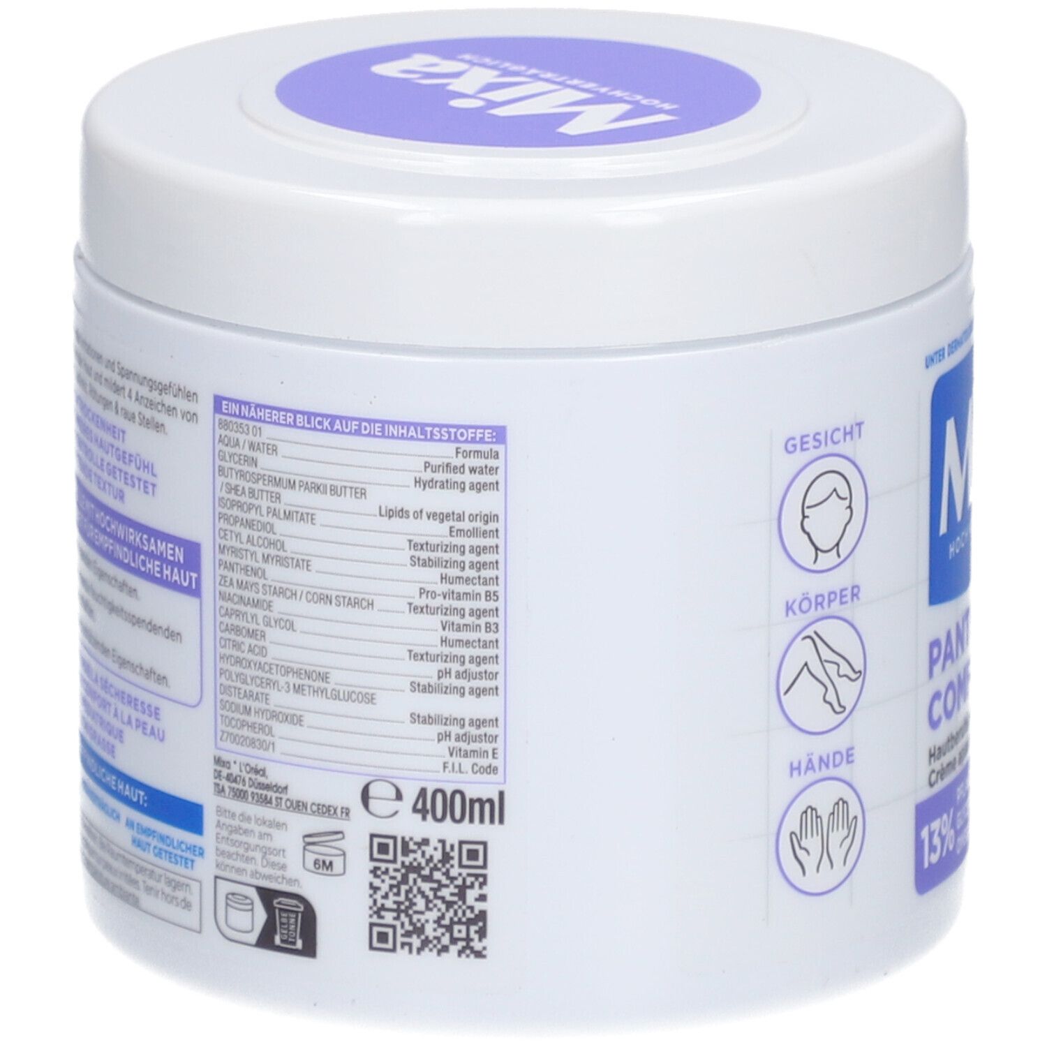 Rückseite des weißen Tiegels. Enthält Inhaltsstoffe und QR-Code. Mixa-Logo und Produktbezeichnung Panthenol Comfort. Fassungsvermögen 400ml.