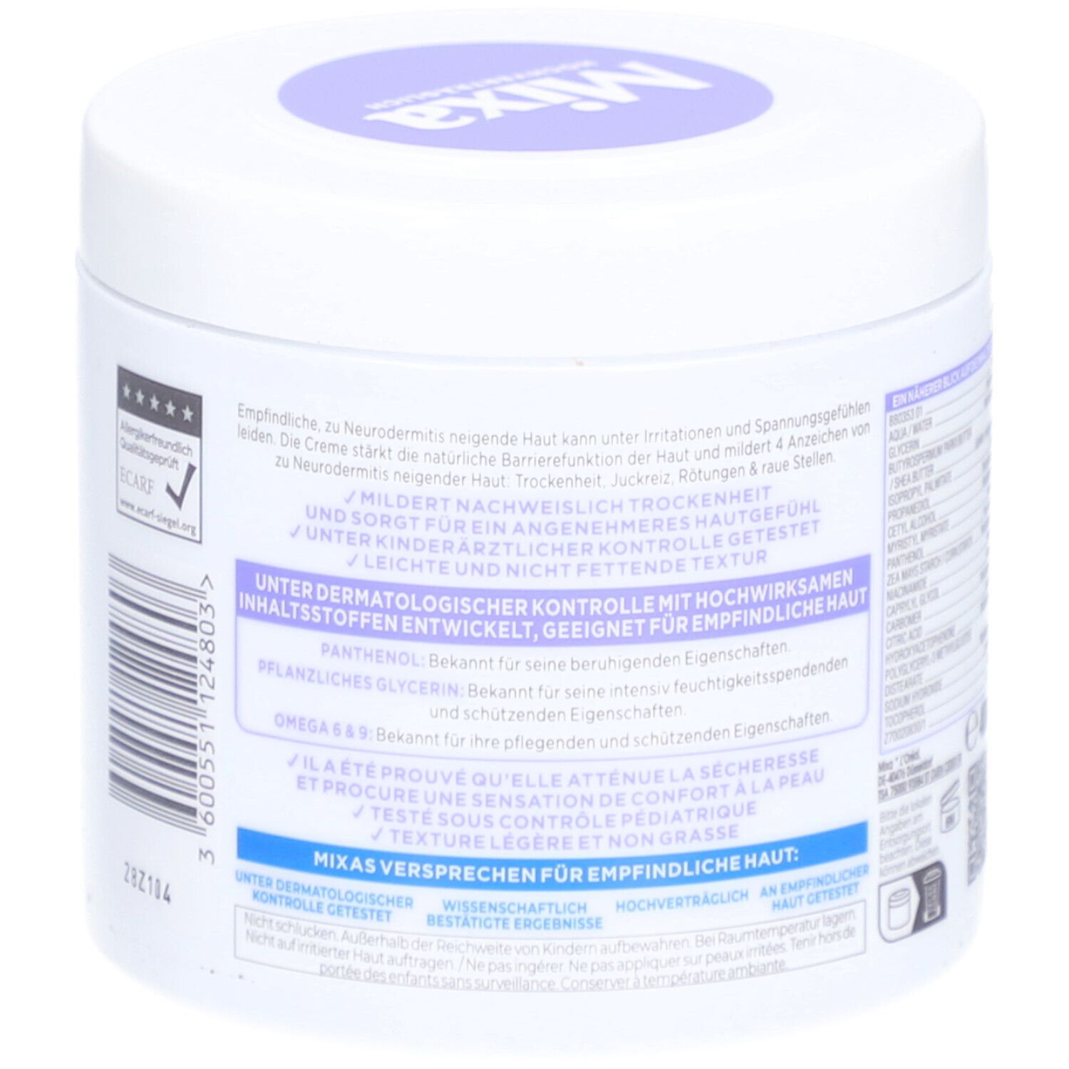 Rückseite des weißen Tiegels. Text mit Produktinformationen. Mixa-Logo und Produktbezeichnung Panthenol Comfort. ECARF-Qualitätssiegel.