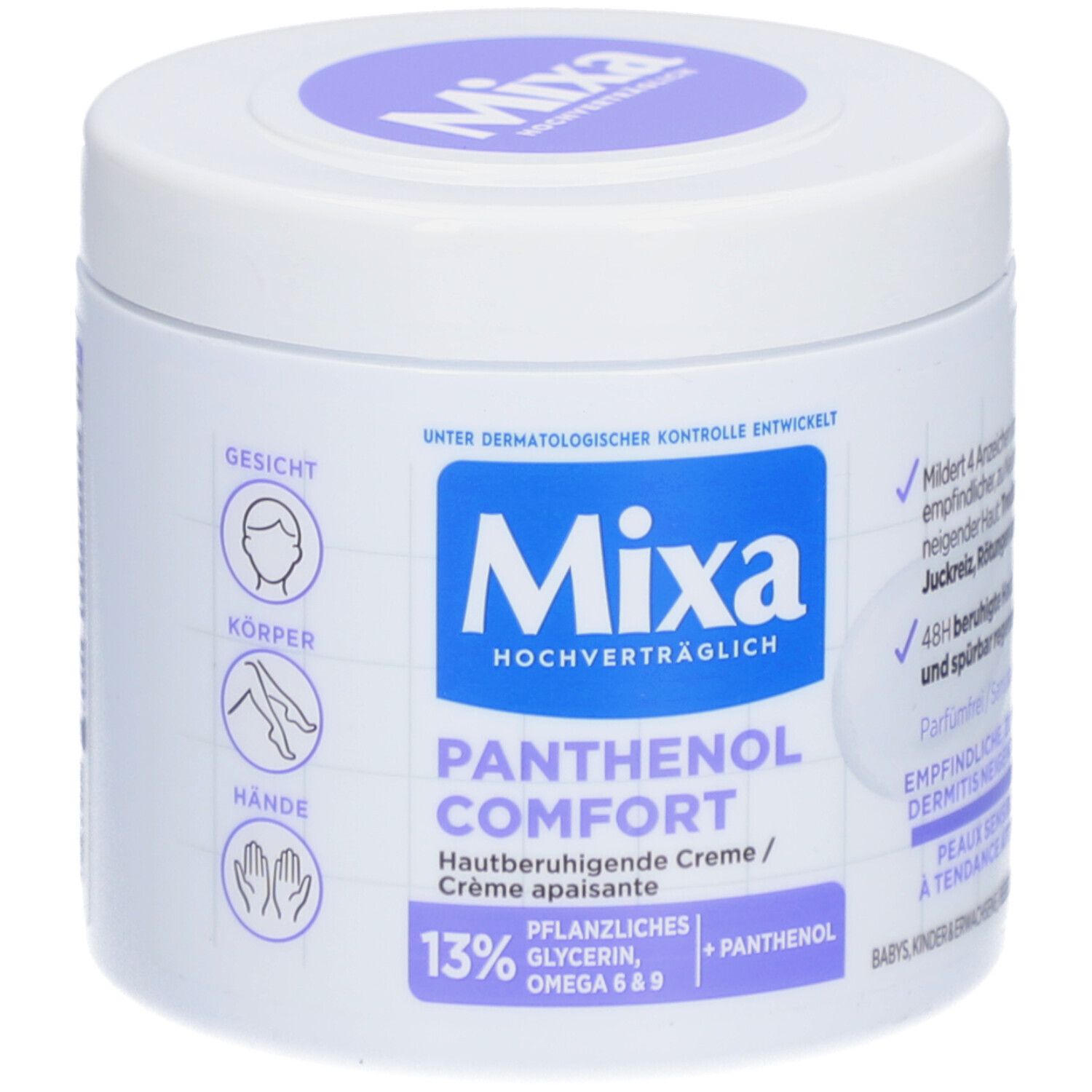 Weißer Tiegel mit lila Deckel. Blaues Etikett mit Mixa-Logo und Produktbezeichnung Panthenol Comfort. 13% pflanzliches Glycerin.