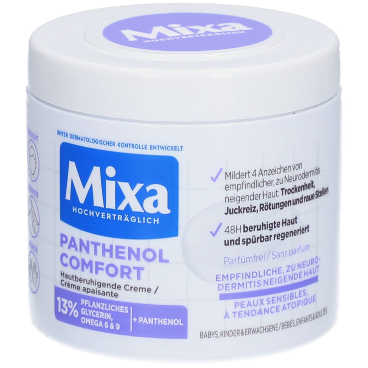 Weißer Tiegel mit lila Deckel. Blaues Etikett mit Mixa-Logo und Produktbezeichnung Panthenol Comfort. 48h beruhigte Haut.