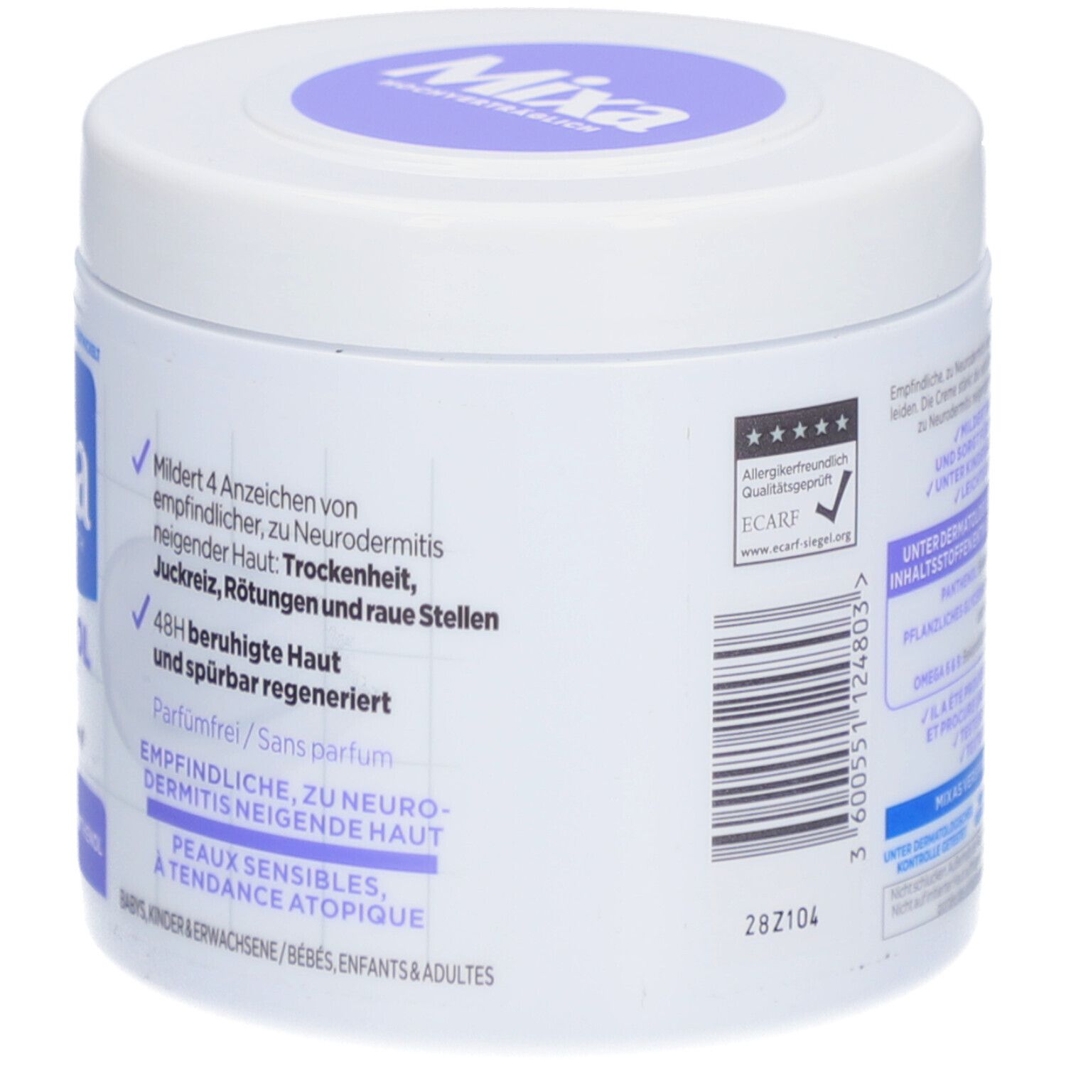 Rückseite des weißen Tiegels. Text mit Produktinformationen. Mixa-Logo und Produktbezeichnung Panthenol Comfort. ECARF-Qualitätssiegel.