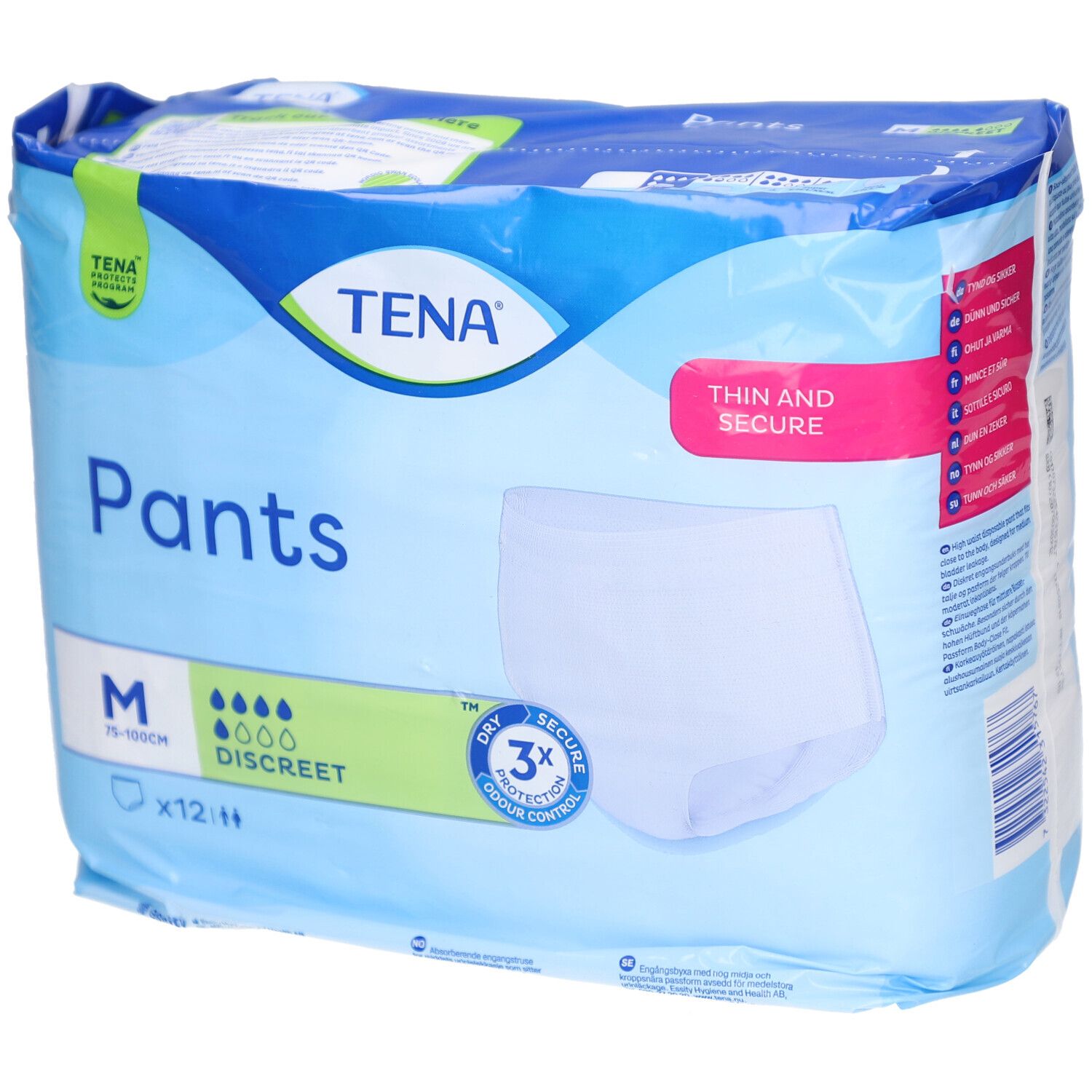 Verpackung von TENA Pants Discreet M. Blaue Verpackung mit Produktabbildung. Größe M, 12 Stück.