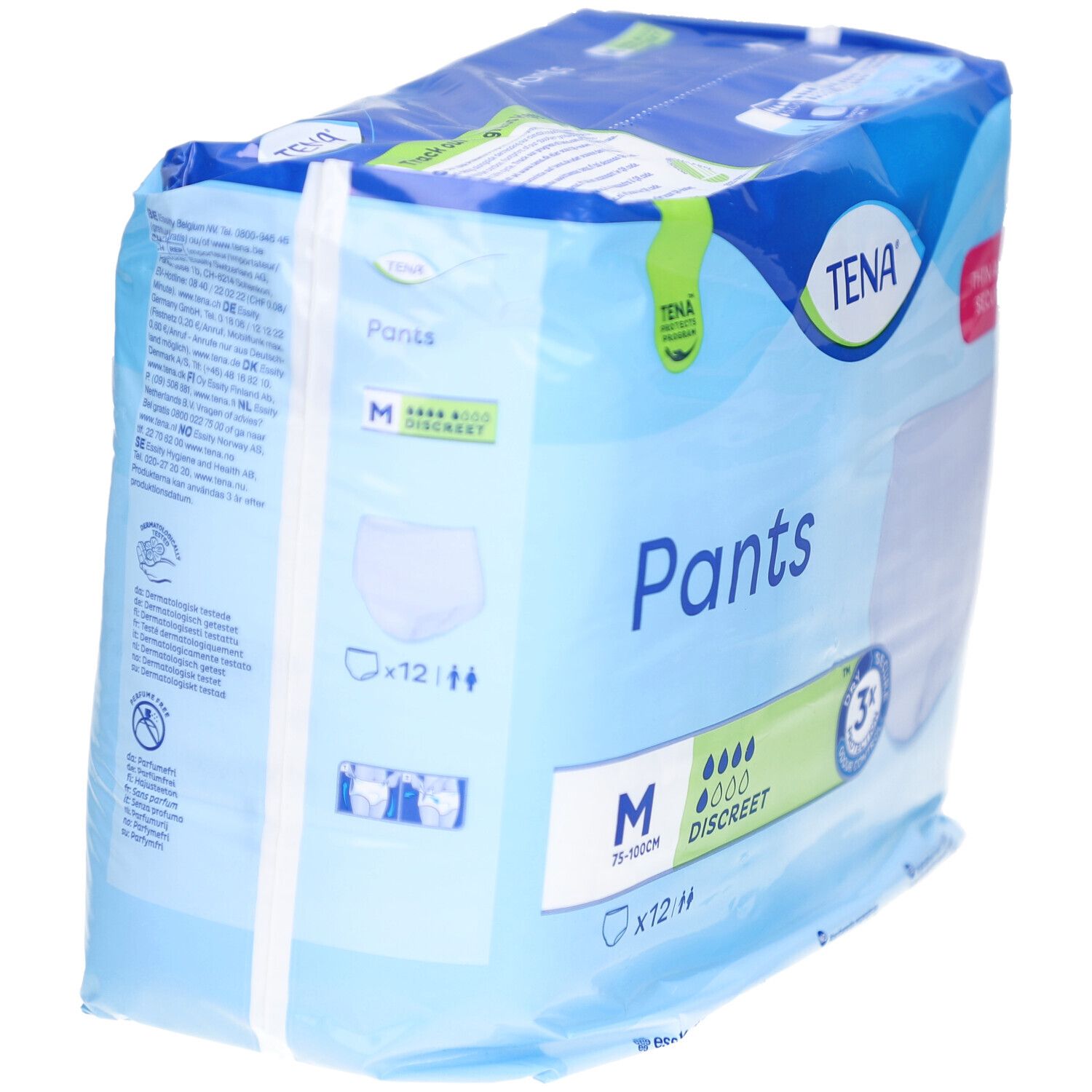 Verpackung von TENA Pants Discreet M. Blaue Verpackung mit Produktabbildung. Größe M, 12 Stück.