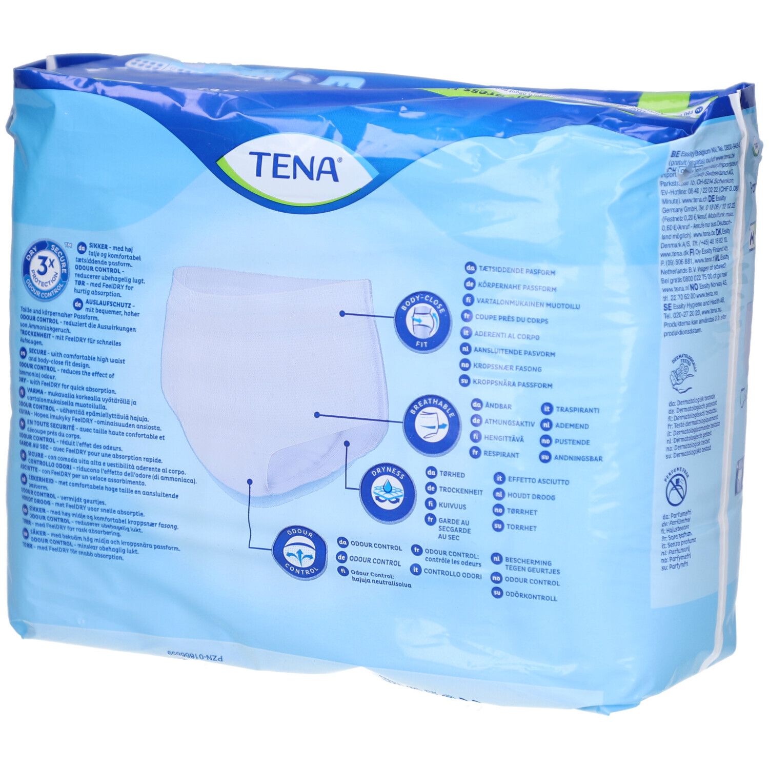 Rückseite der Verpackung von TENA Pants Discreet M. Blaue Verpackung mit Produktinformationen und Abbildungen.