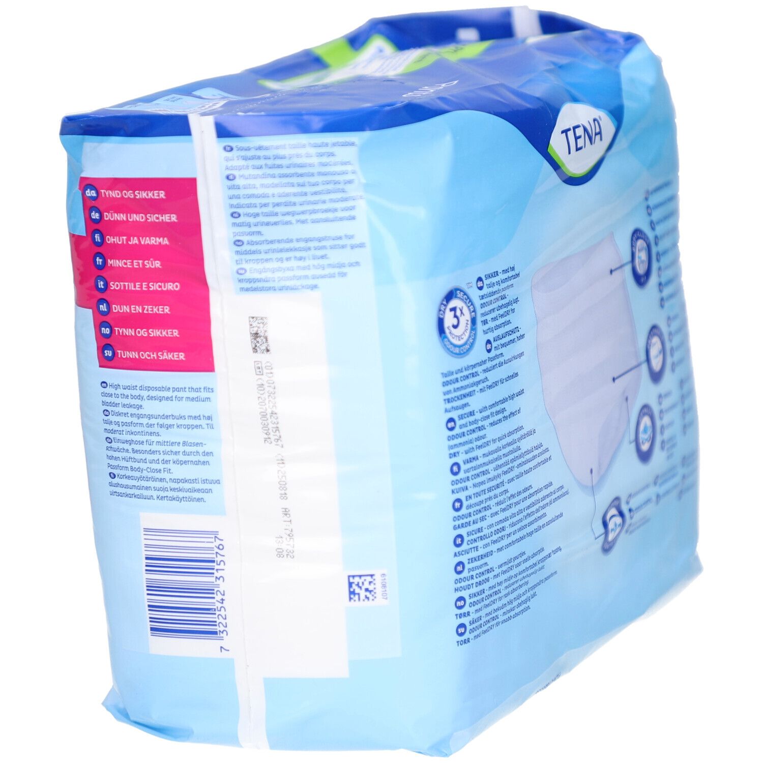 Rückseite der Verpackung von TENA Pants Discreet M. Blaue Verpackung mit Produktinformationen und Abbildungen.