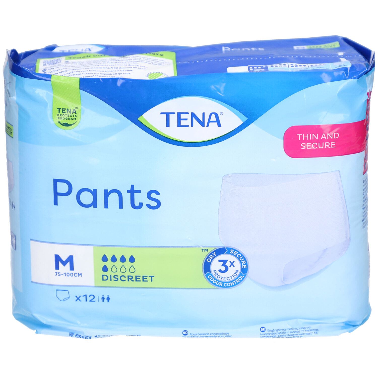 Verpackung von TENA Pants Discreet M. Blaue Verpackung mit Produktabbildung. Größe M, 12 Stück.