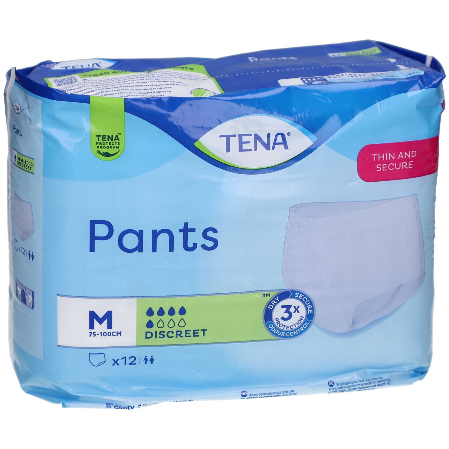 Verpackung von TENA Pants Discreet M. Blaue Verpackung mit Produktabbildung. Größe M, 12 Stück.