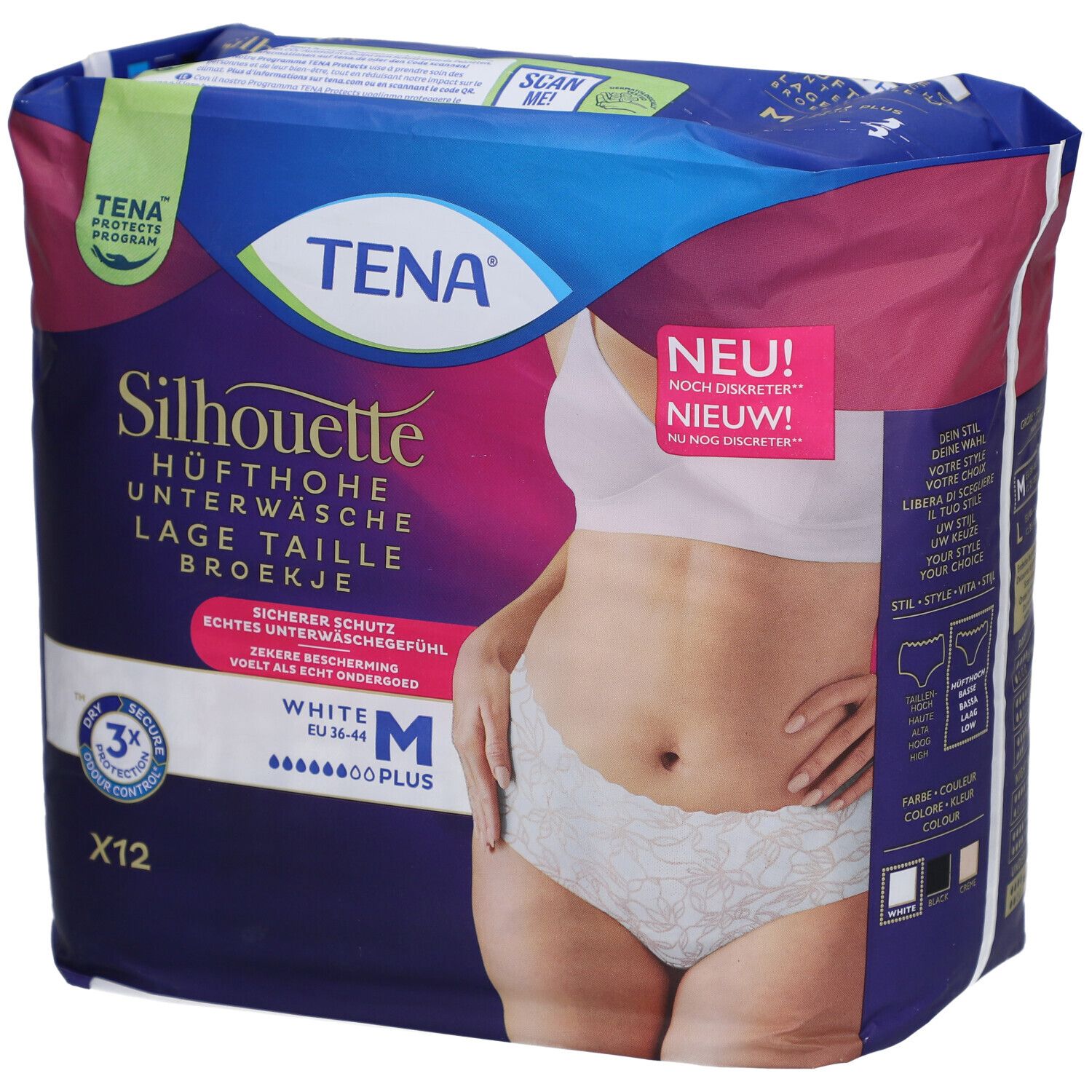 Verpackung TENA Silhouette Plus White M. Hüfthohe Unterwäsche. Größe M. Packung mit 12 Stück. Aufdruck: Sicherer Schutz, echtes Unterwäschegefühl.