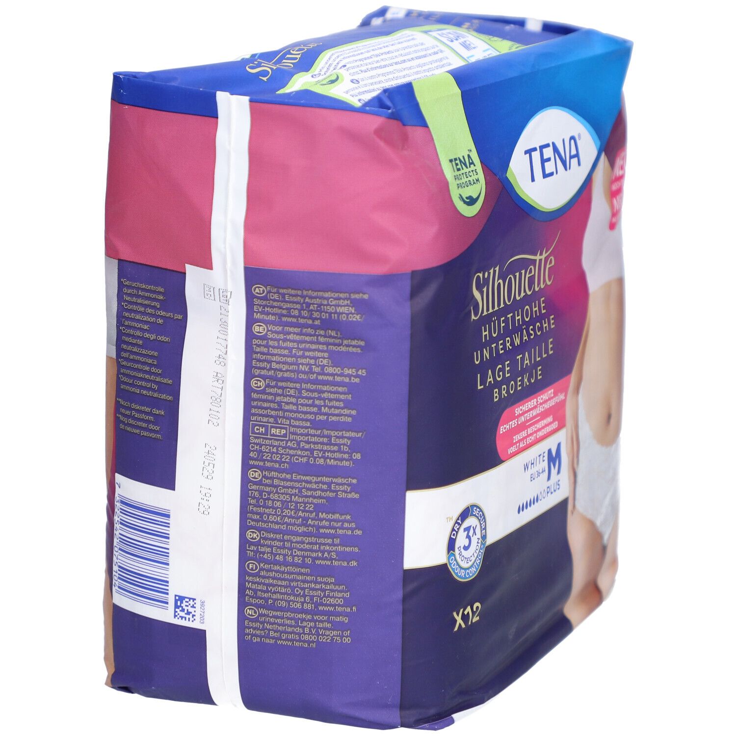 Verpackung TENA Silhouette Plus White M. Rückseite mit Produktinformationen. Packung mit 12 Stück. Text in mehreren Sprachen.