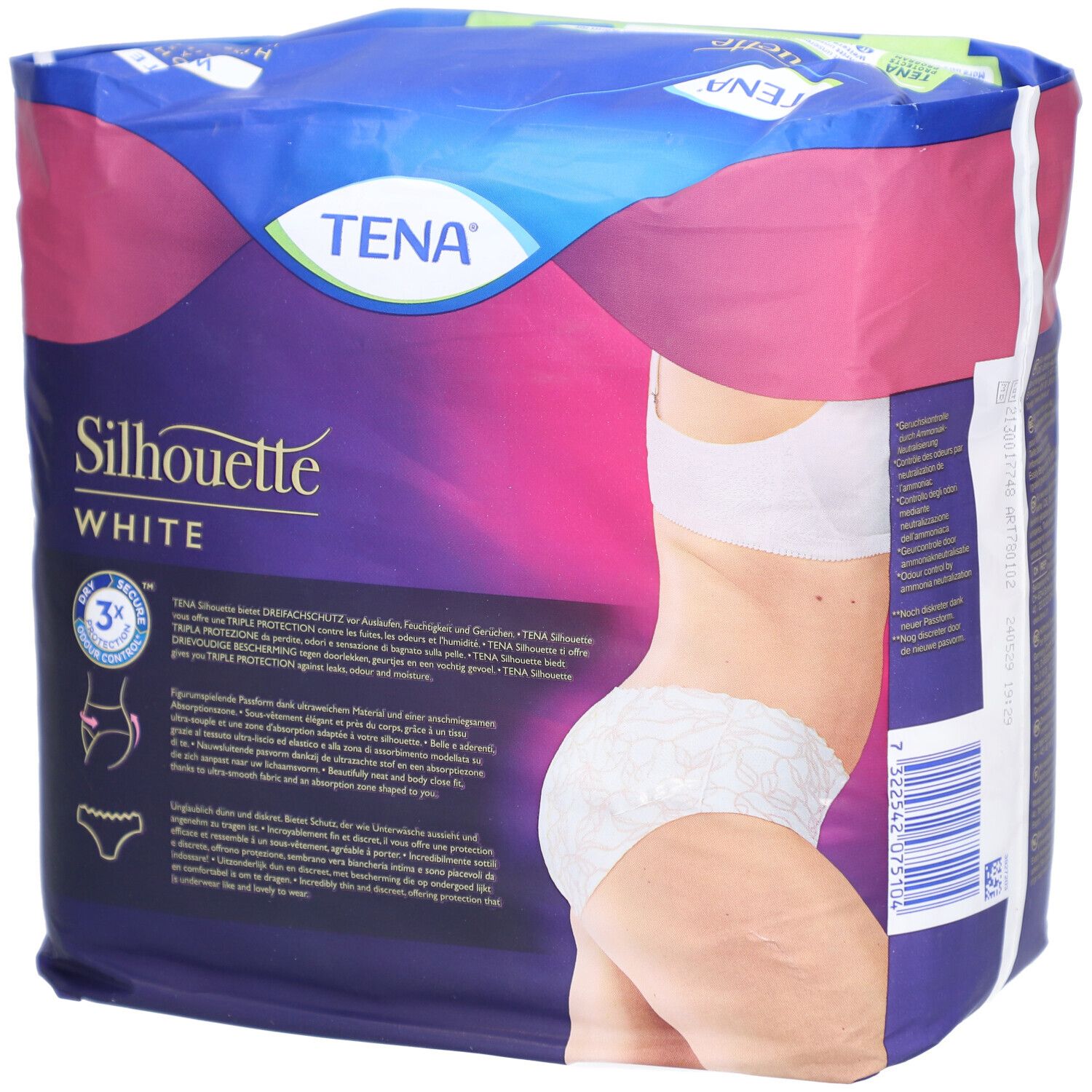 Verpackung TENA Silhouette Plus White M. Seitenansicht. Hüfthohe Unterwäsche. Packung mit 12 Stück. Produktinformationen.