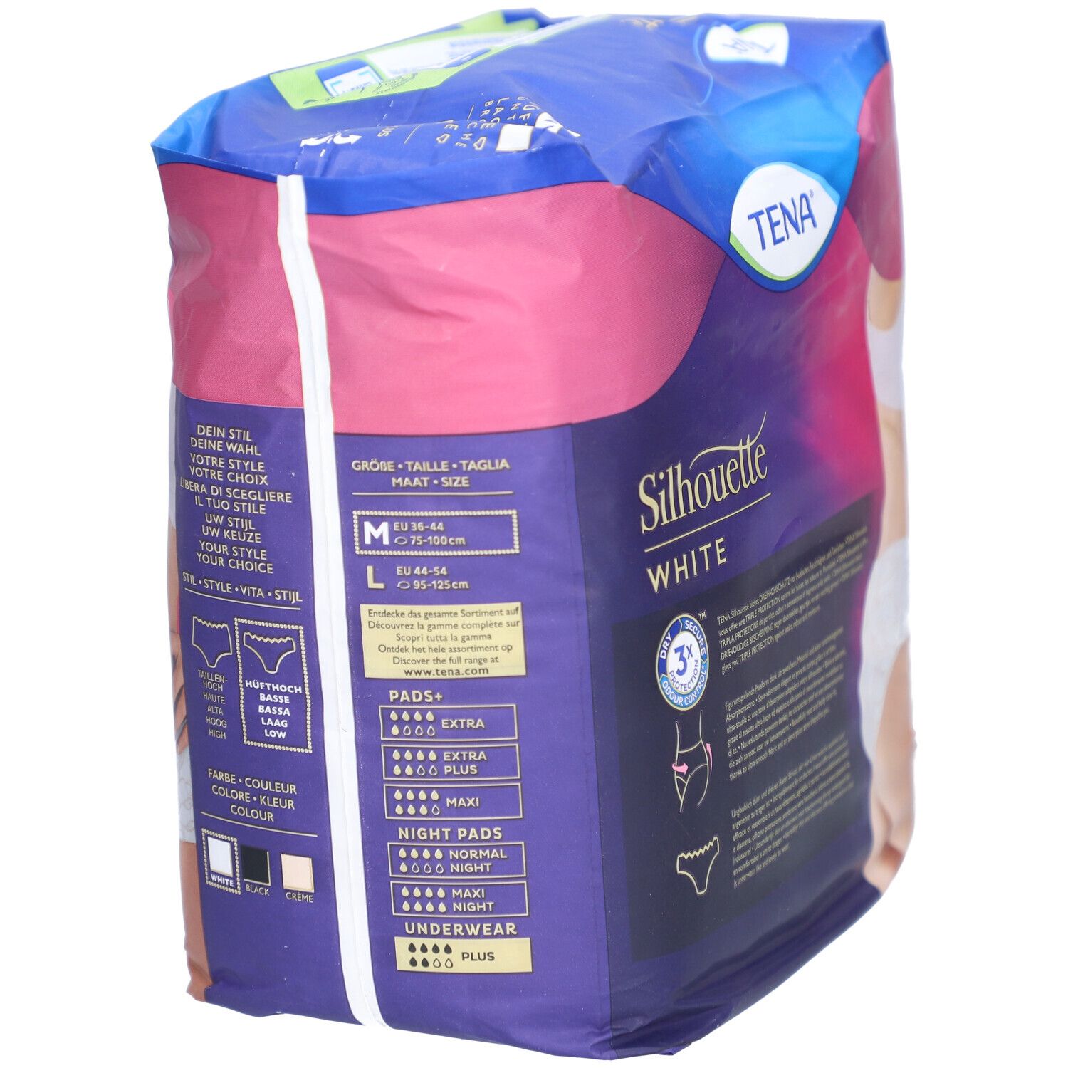Verpackung TENA Silhouette Plus White M. Rückseite mit Größenangaben. Packung mit 12 Stück. Produktinformationen.