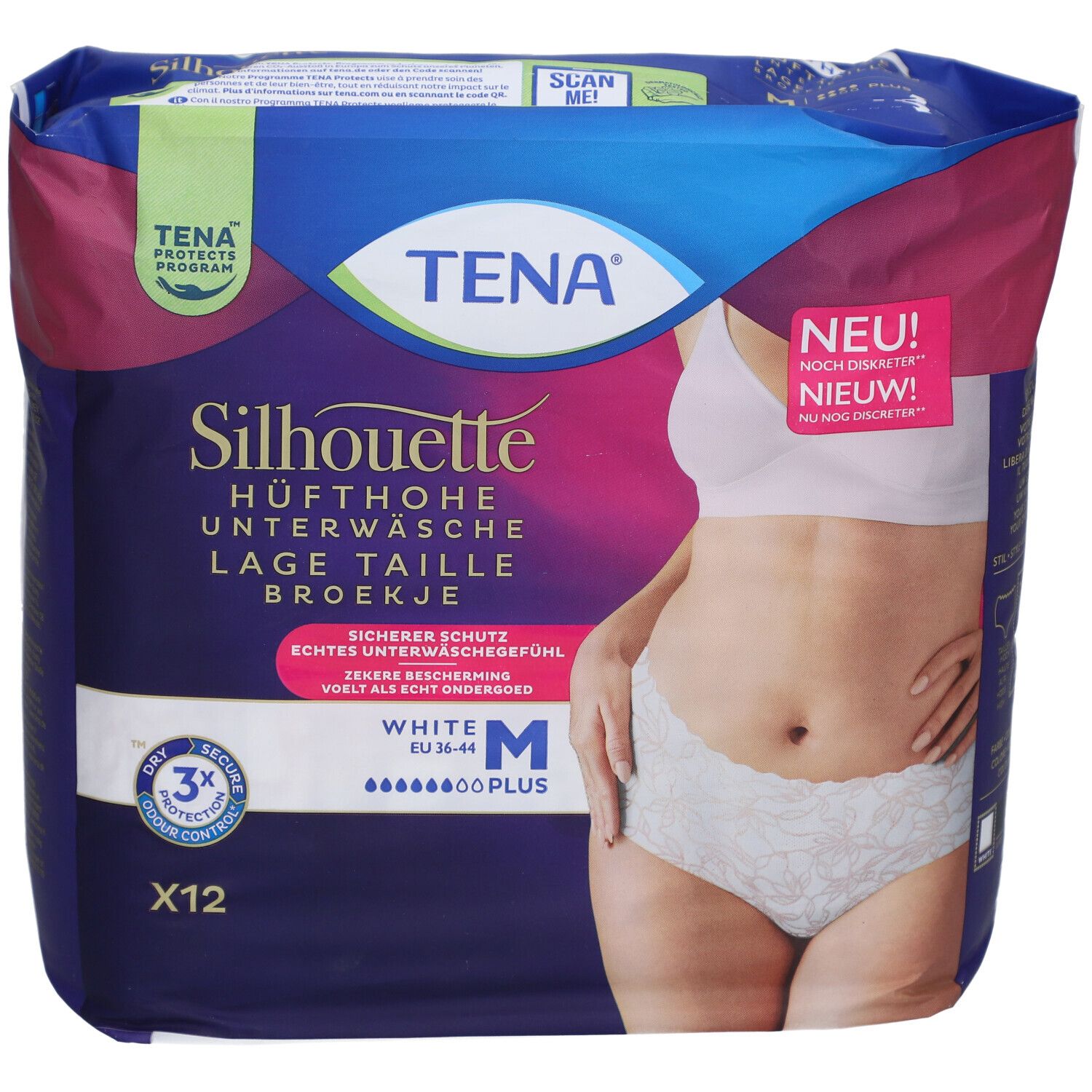 Verpackung TENA Silhouette Plus White M. Hüfthohe Unterwäsche. Größe M. Packung mit 12 Stück. Aufdruck: Sicherer Schutz, echtes Unterwäschegefühl.