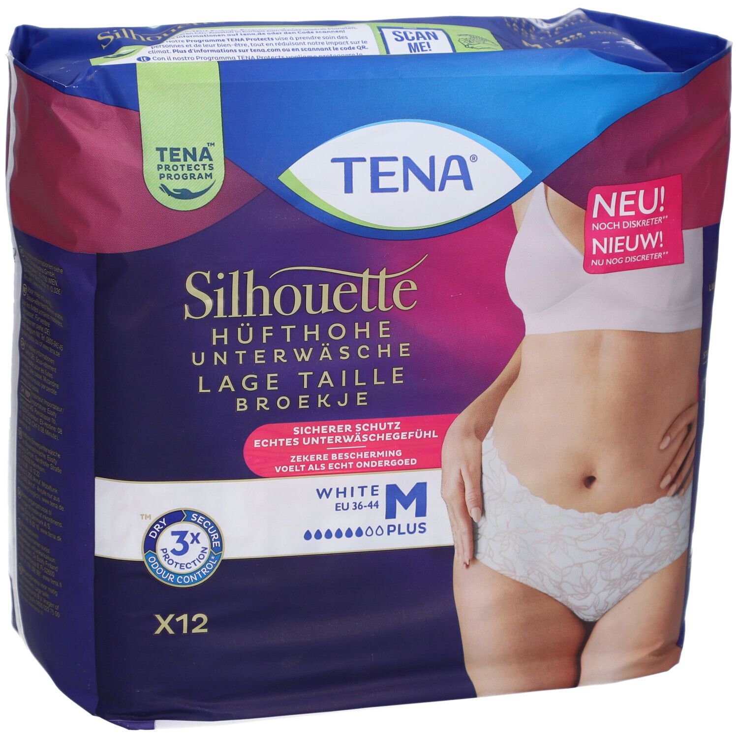 Verpackung TENA Silhouette Plus White M. Hüfthohe Unterwäsche. Größe M. Packung mit 12 Stück. Aufdruck: Sicherer Schutz, echtes Unterwäschegefühl.