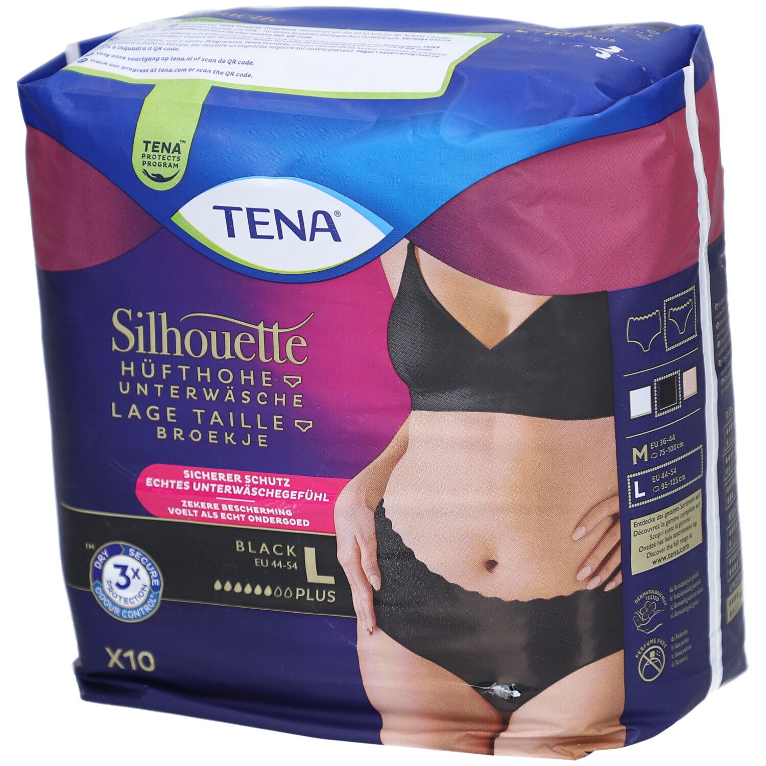 Verpackung von TENA Silhouette Plus Black L. Schwarze Unterwäsche, Größe L, 10 Stück. Aufdrucke: Hüfthöhe, sicherer Schutz.