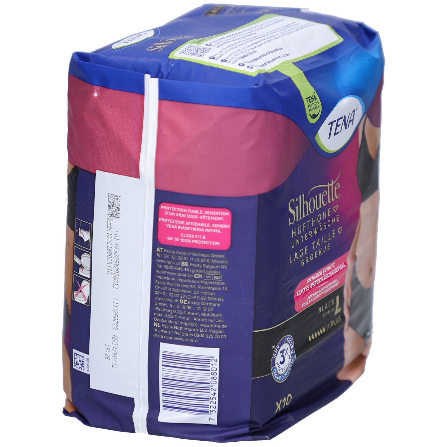 Rückseite der Verpackung von TENA Silhouette Plus Black L. Informationen und Logos. Schwarze Unterwäsche, Größe L.