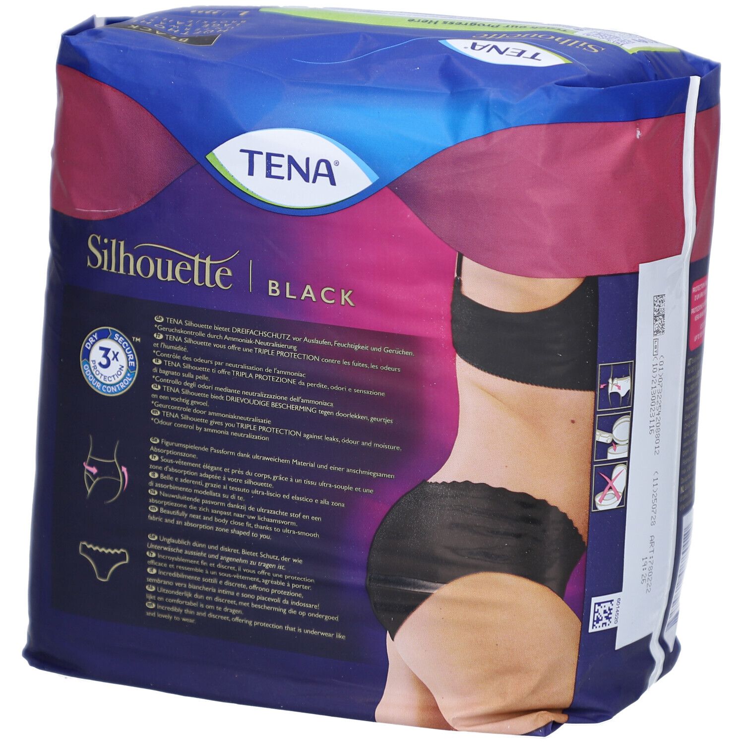 Verpackung von TENA Silhouette Black. Schwarze Unterwäsche, Größe L. Aufdrucke: Hüfthöhe, sicherer Schutz, 3x Schutz.