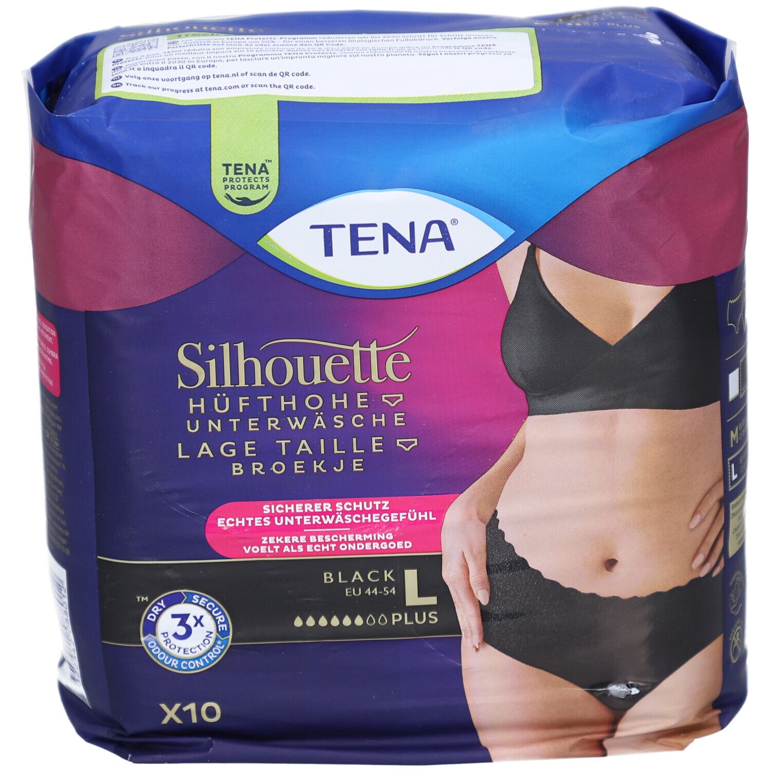 Verpackung von TENA Silhouette Plus Black L. Schwarze Unterwäsche, Größe L, 10 Stück. Aufdrucke: Hüfthöhe, sicherer Schutz.