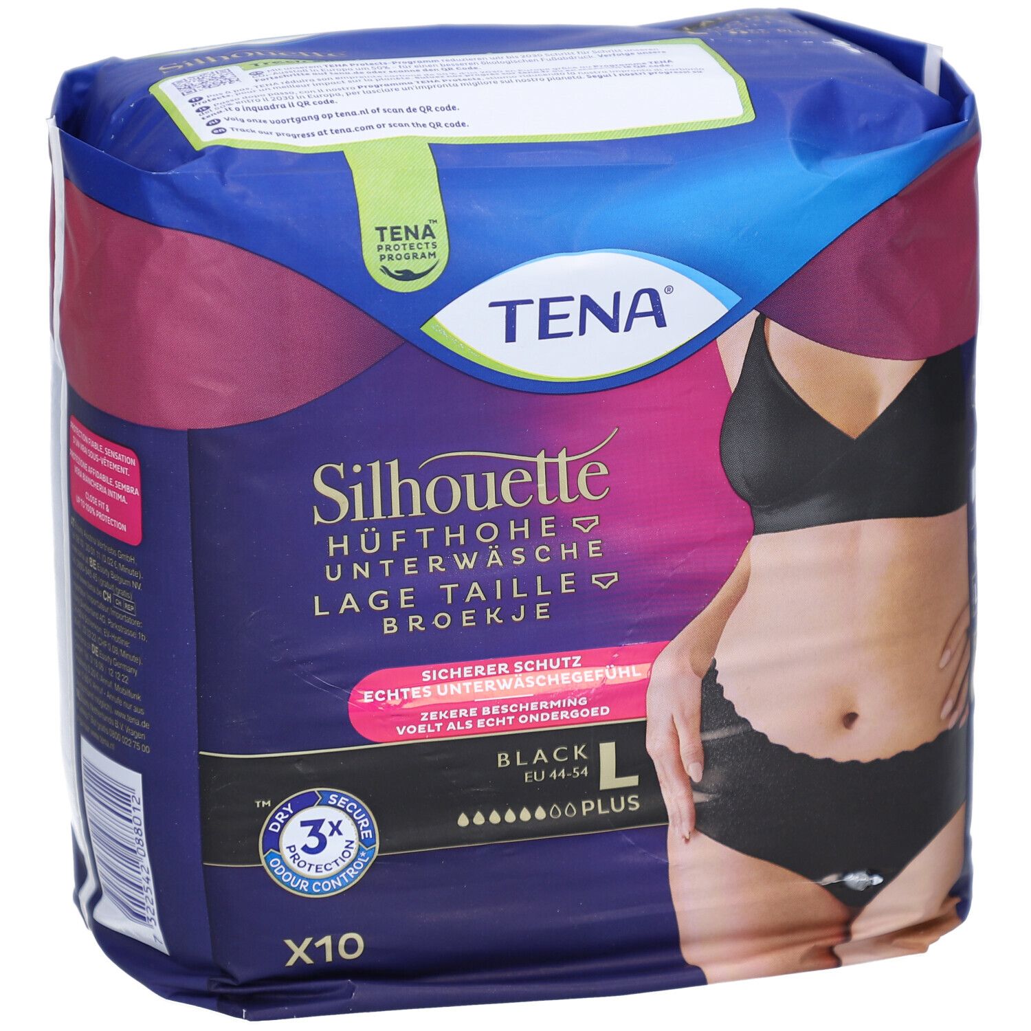 Verpackung von TENA Silhouette Plus Black L. Schwarze Unterwäsche, Größe L, 10 Stück. Aufdrucke: Hüfthöhe, sicherer Schutz.