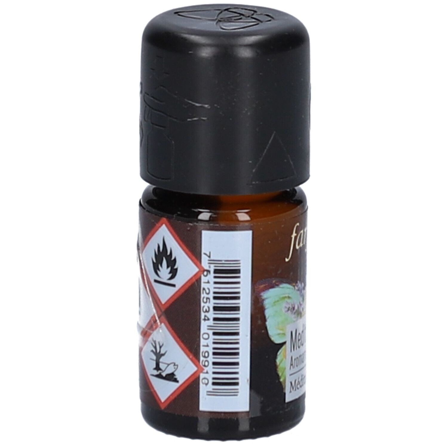 Braune Glasflasche mit schwarzem Deckel. Rückseite mit Warnsymbolen und Barcode. Aufschrift "farfalla Meditation Aromamischung".