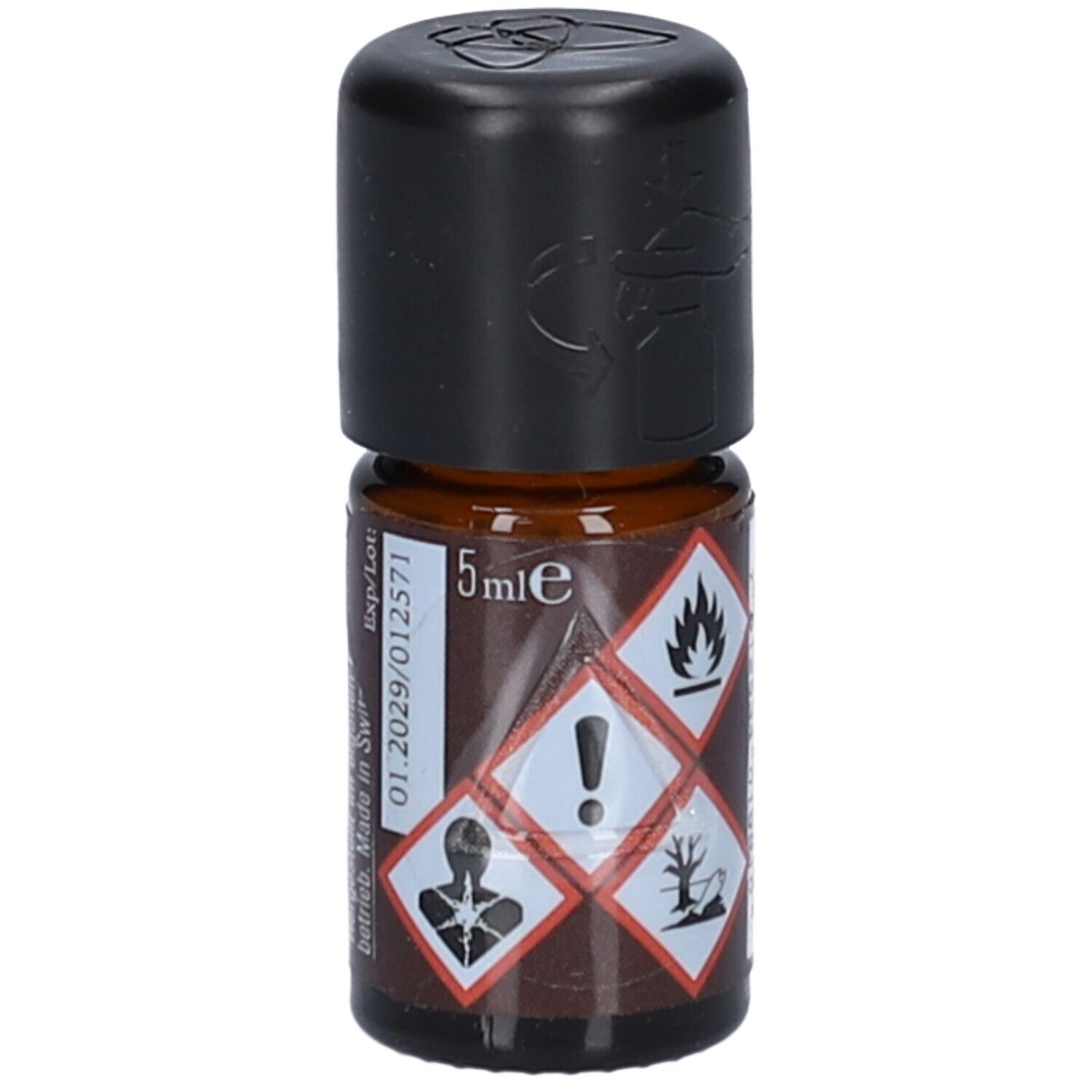 Kleine braune Glasflasche mit schwarzem Deckel. Etikett mit Warnsymbolen und "5ml e". Aufschrift "farfalla Meditation Aromamischung".