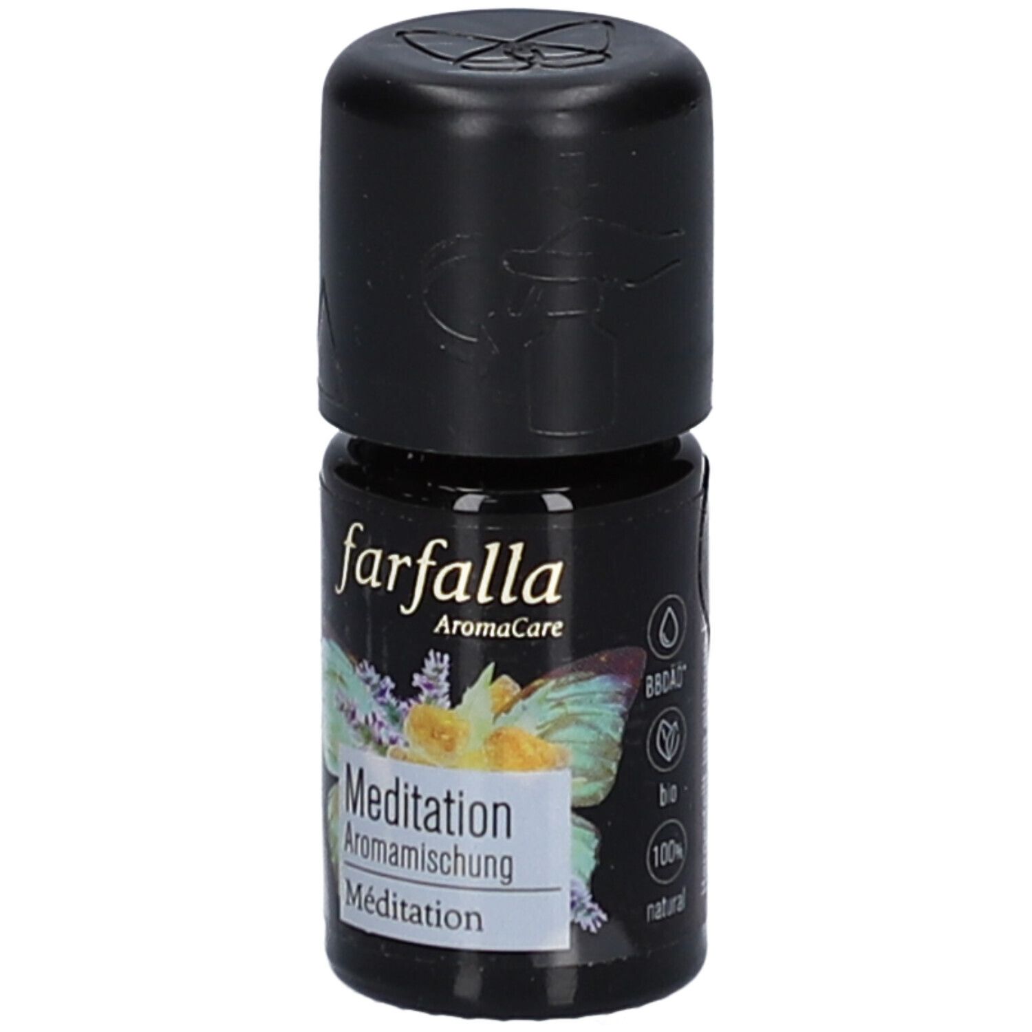 Kleine, schwarze Flasche mit schwarzem Deckel. Aufschrift "farfalla AromaCare Meditation Aromamischung". Etikett mit Bio-Siegeln.