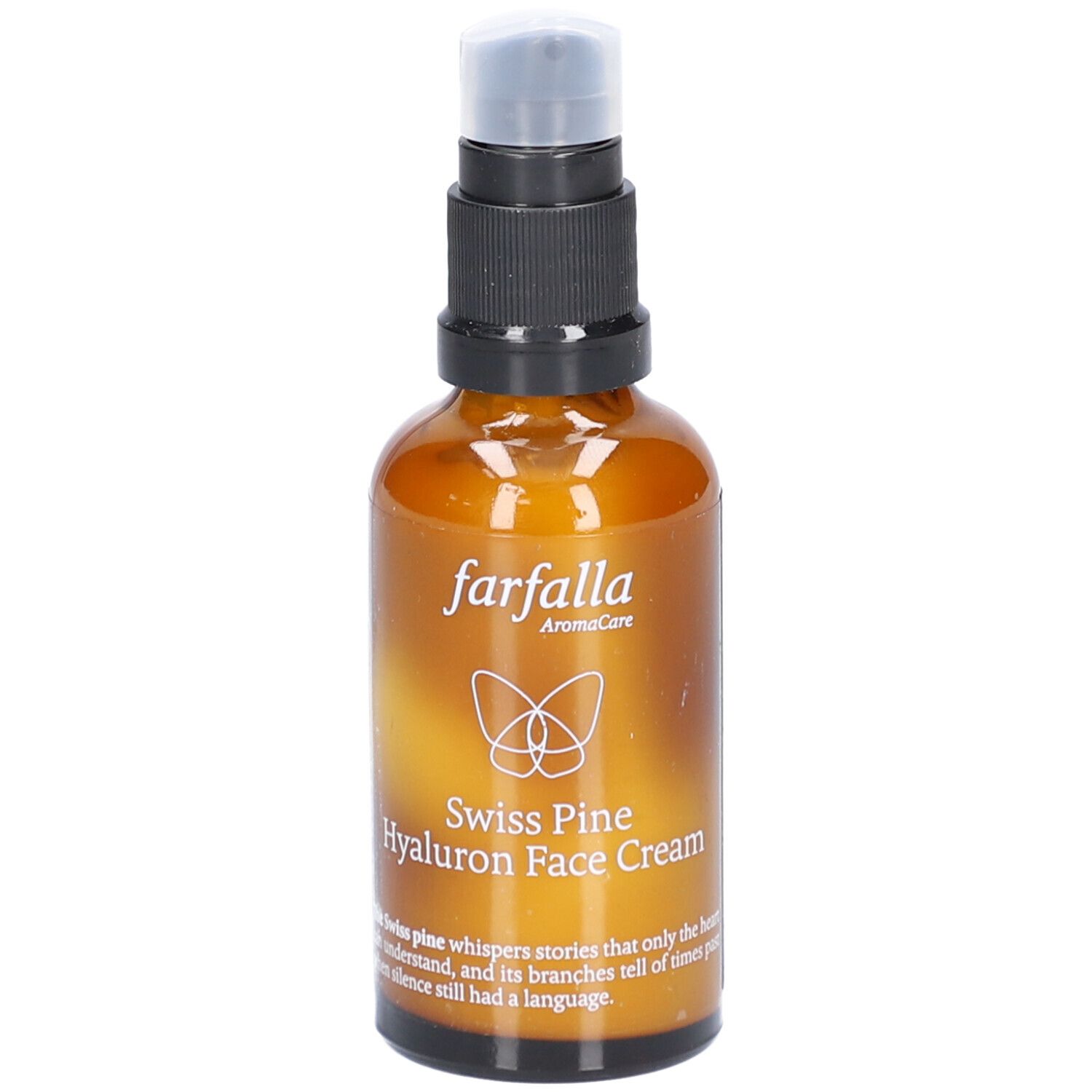 Braune Glasflasche mit Sprühkopf. Aufschrift: Farfalla Swiss Pine Hyaluron Face Cream. Logo: Schmetterling.