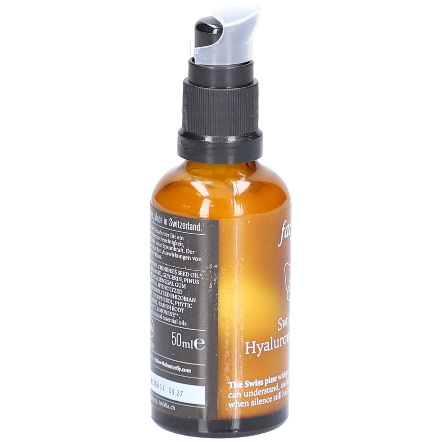 Braune Glasflasche mit Sprühkopf. Aufschrift: Farfalla Swiss Pine Hyaluron Face Cream. Etikett mit Inhaltsstoffen und Volumen.