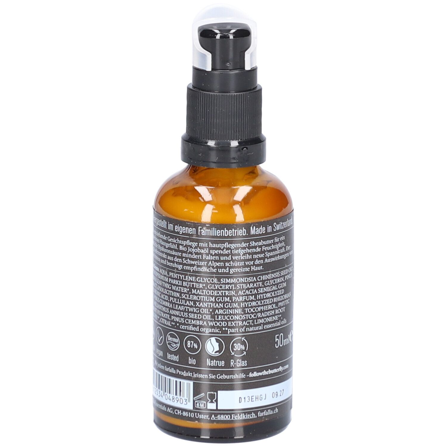 Braune Glasflasche mit Sprühkopf. Etikett mit Inhaltsstoffen, Zertifizierungen und Volumen. Aufschrift: 50ml.