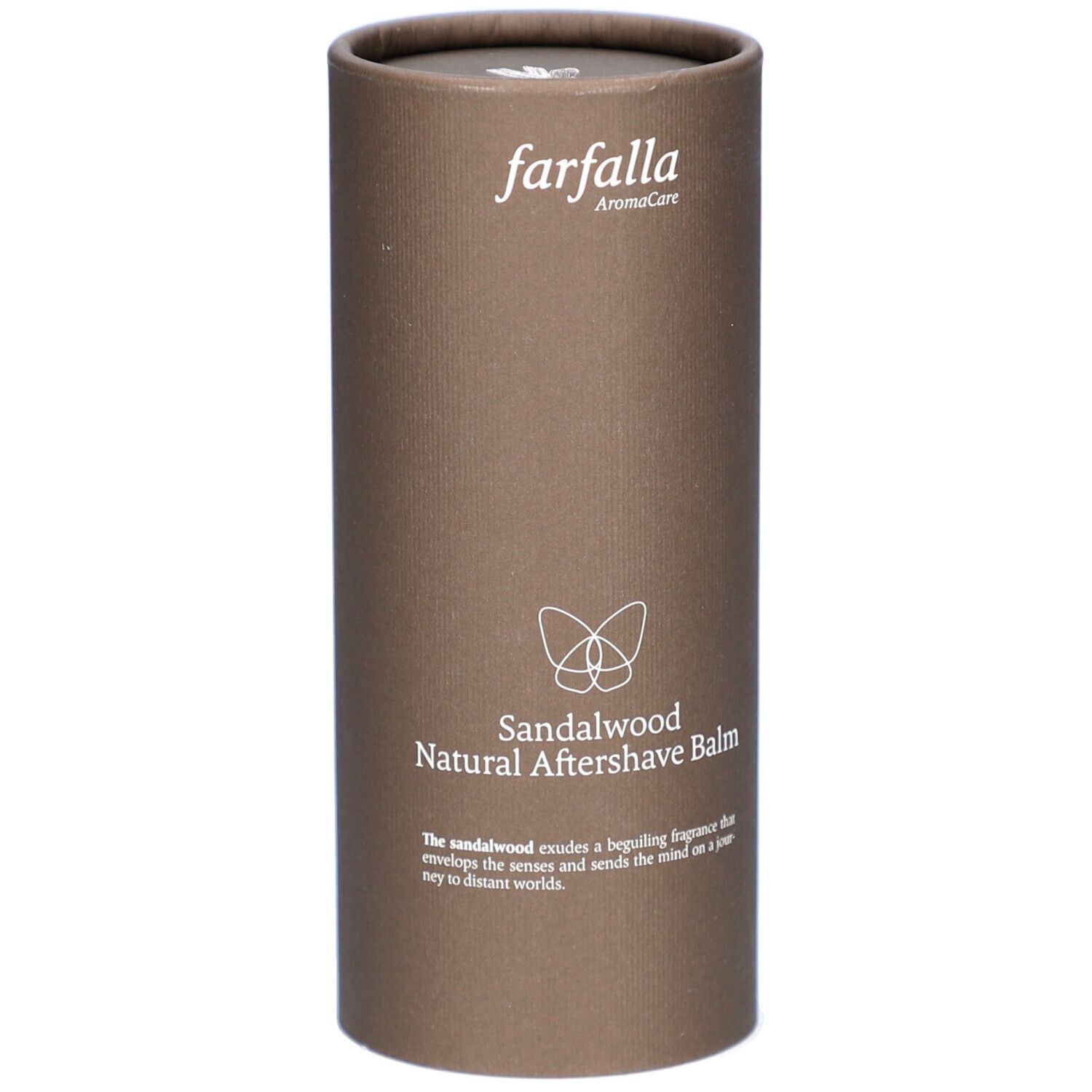 Braune zylindrische Verpackung. Oben steht "farfalla AromaCare". Darunter "Sandalwood Natural Aftershave Balm".
