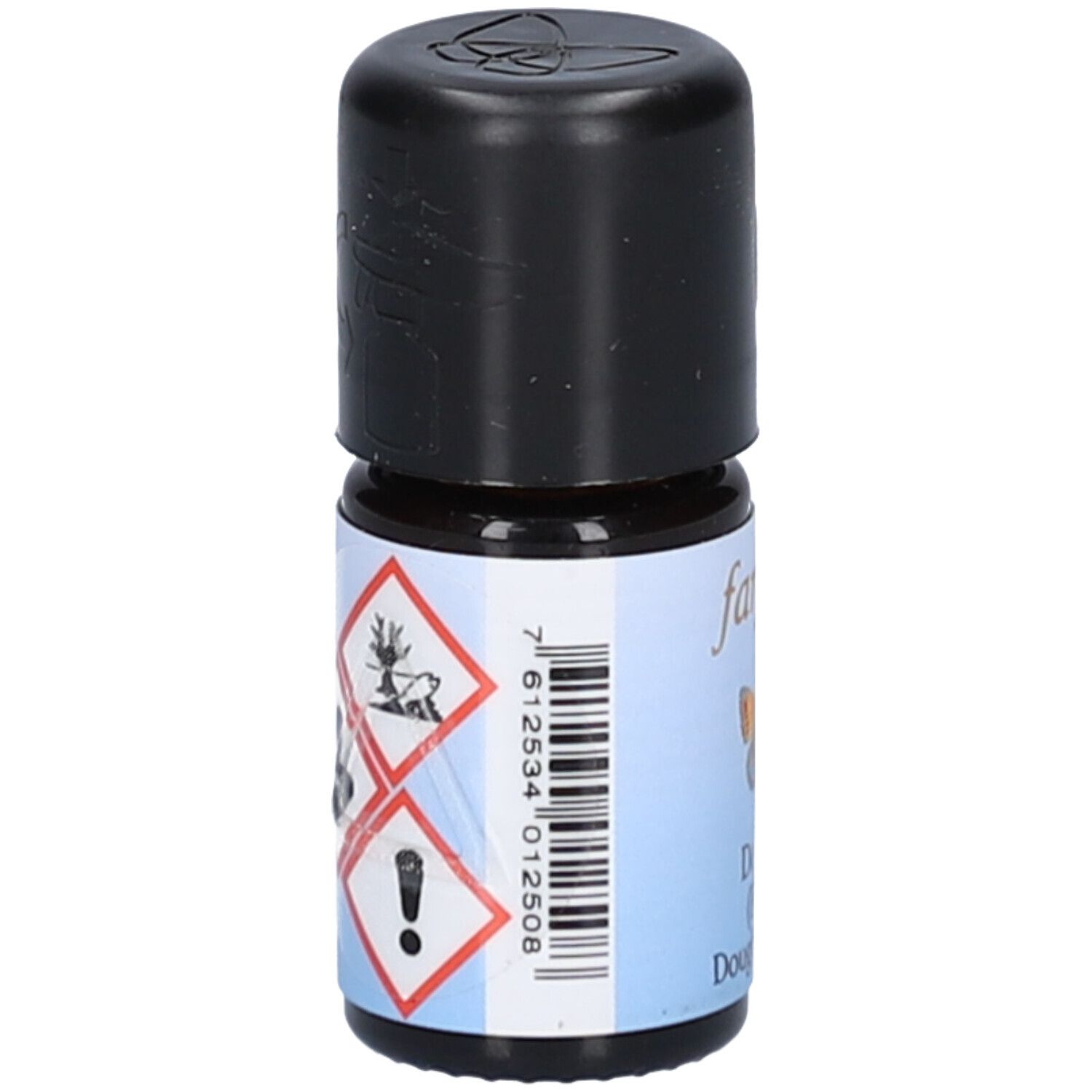 Braune Glasflasche mit schwarzem Deckel. Etikett mit Barcode und Gefahrensymbolen. Schriftzug 'farfalla'.