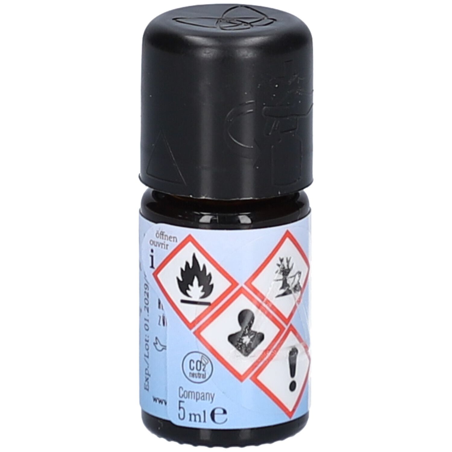 Braune Glasflasche mit schwarzem Deckel. Etikett mit Gefahrensymbolen und '5 ml e'. Schriftzug 'farfalla'.