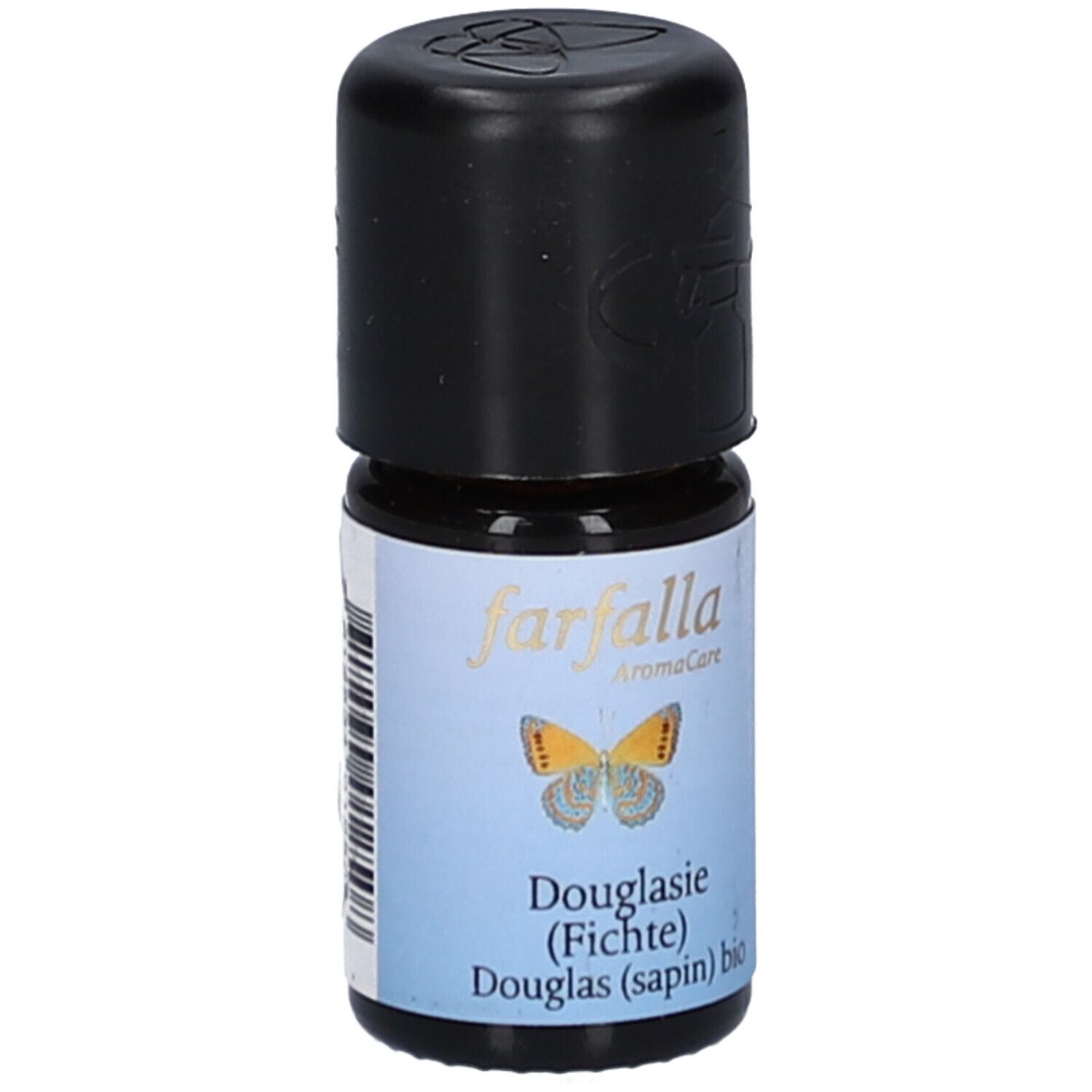 Braune Glasflasche mit schwarzem Deckel. Etikett mit Schmetterling und Schriftzug 'farfalla Douglasie (Fichte) bio'.