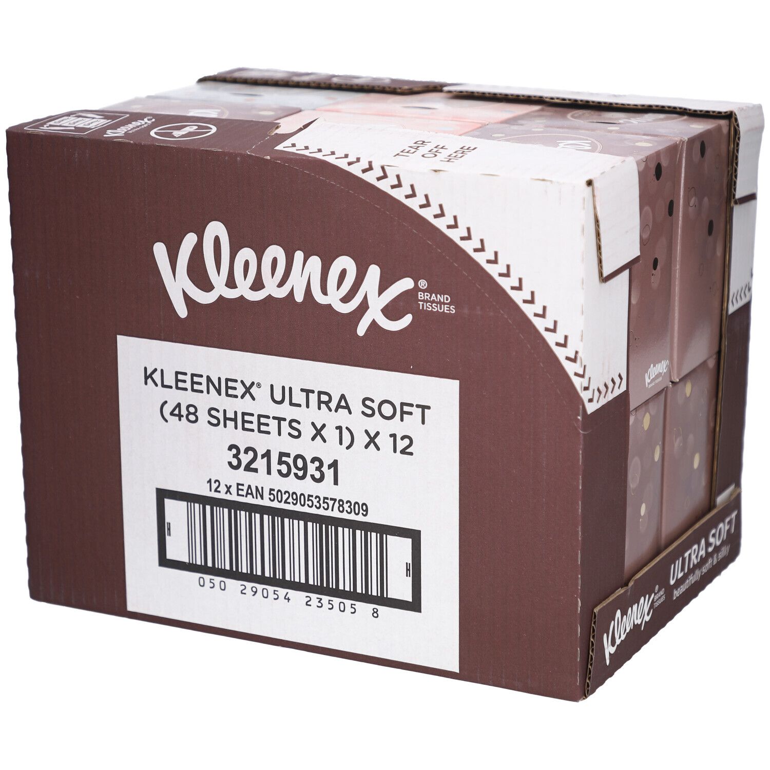 Karton mit Kleenex Ultra Soft Taschentüchern. Aufschrift: 48 Tücher x 12. Barcode und Produktnummer.