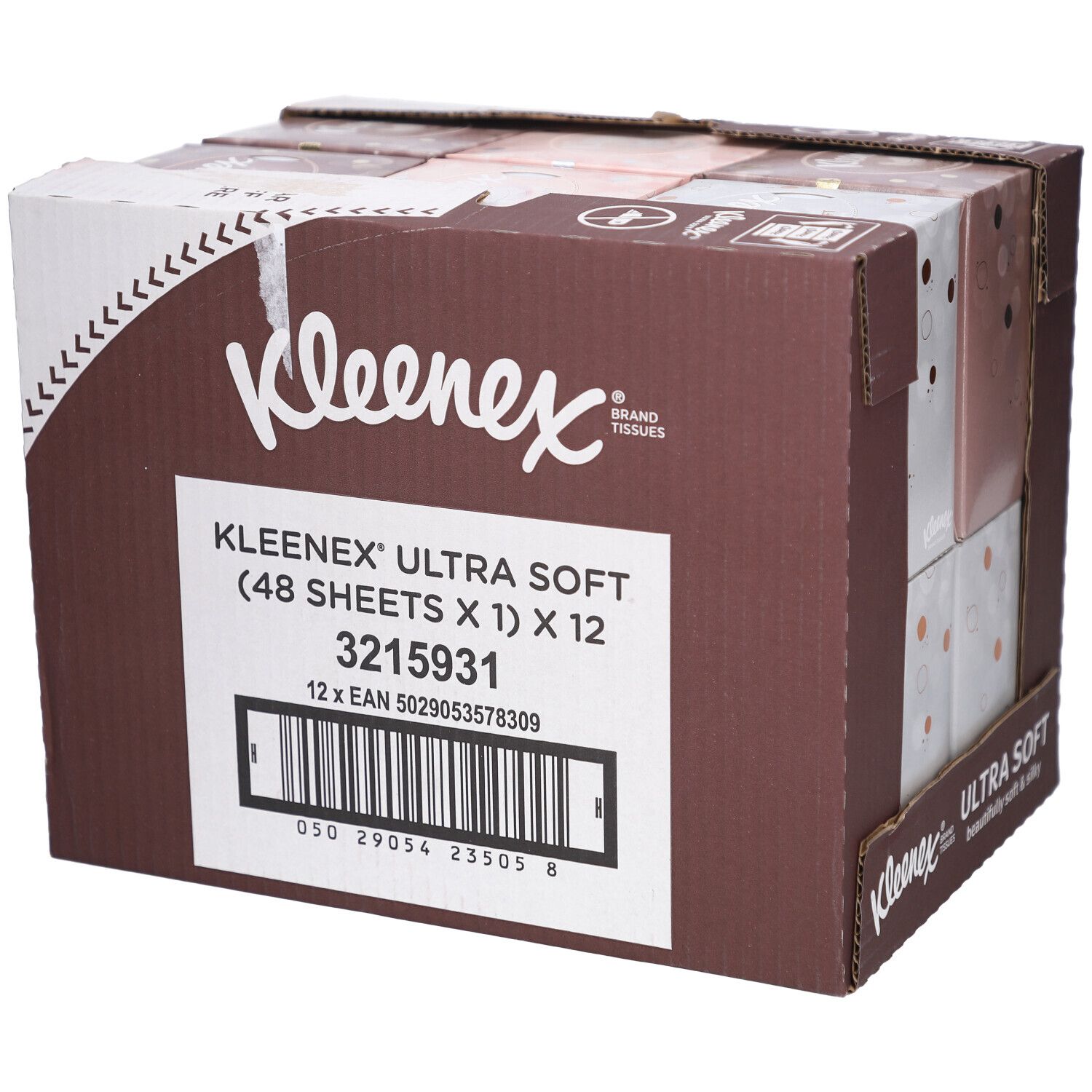 Karton mit Kleenex Ultra Soft Taschentüchern. Aufschrift: 48 Tücher x 12. Barcode und Produktnummer.