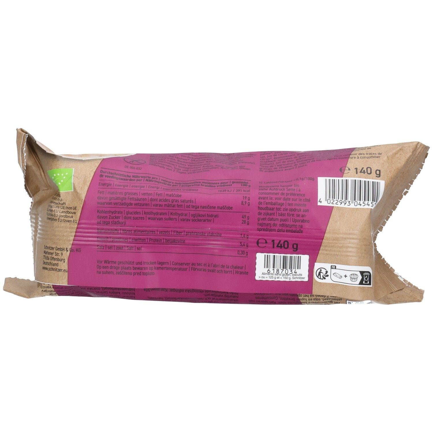 Rückseite einer Packung Schnitzer BIO Muffins Vanille glutenfrei mit Nährwertangaben.