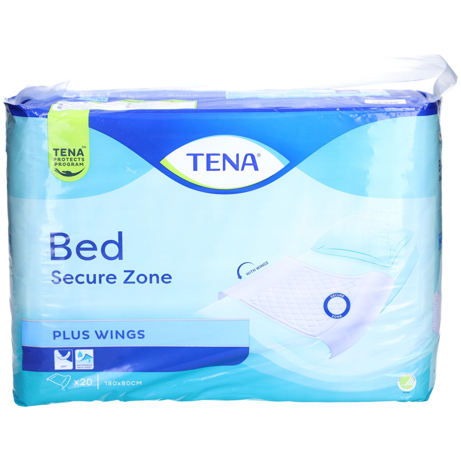 Verpackung mit TENA Bed Plus Wings. Blaue Verpackung mit Produktname und Logo. 20 Stück, 80x80cm.