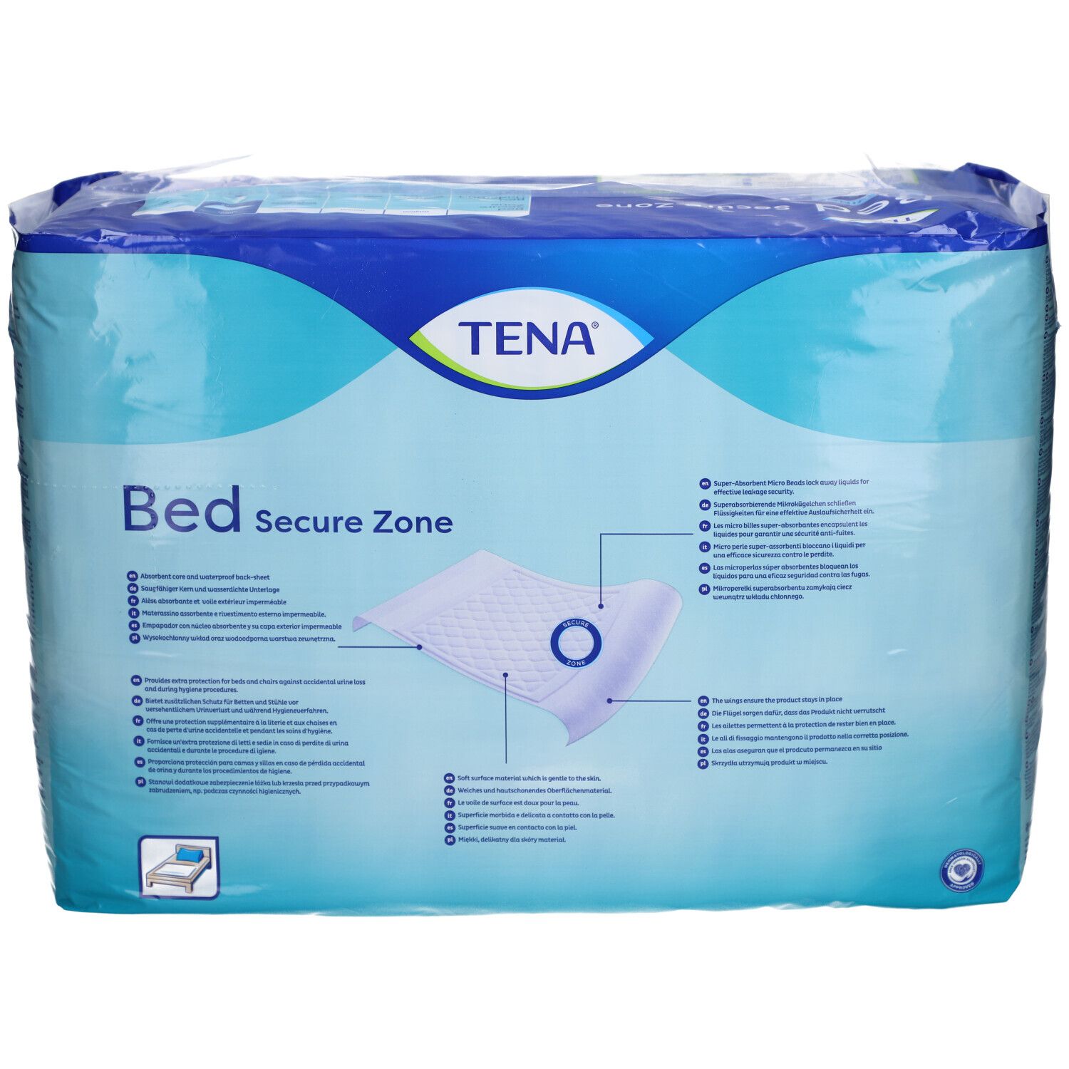 Verpackung mit TENA Bed Secure Zone. Blaue Verpackung mit Produktname und Logo. Produktabbildung.