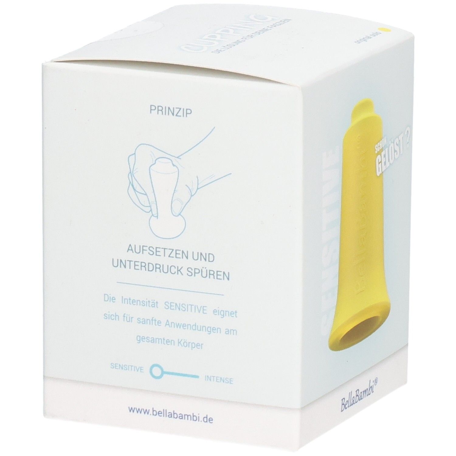 Verpackung mit gelbem Schröpfkopf. Aufschrift: Bella Bambi, Sensitive. Illustration zur Anwendung. Text.