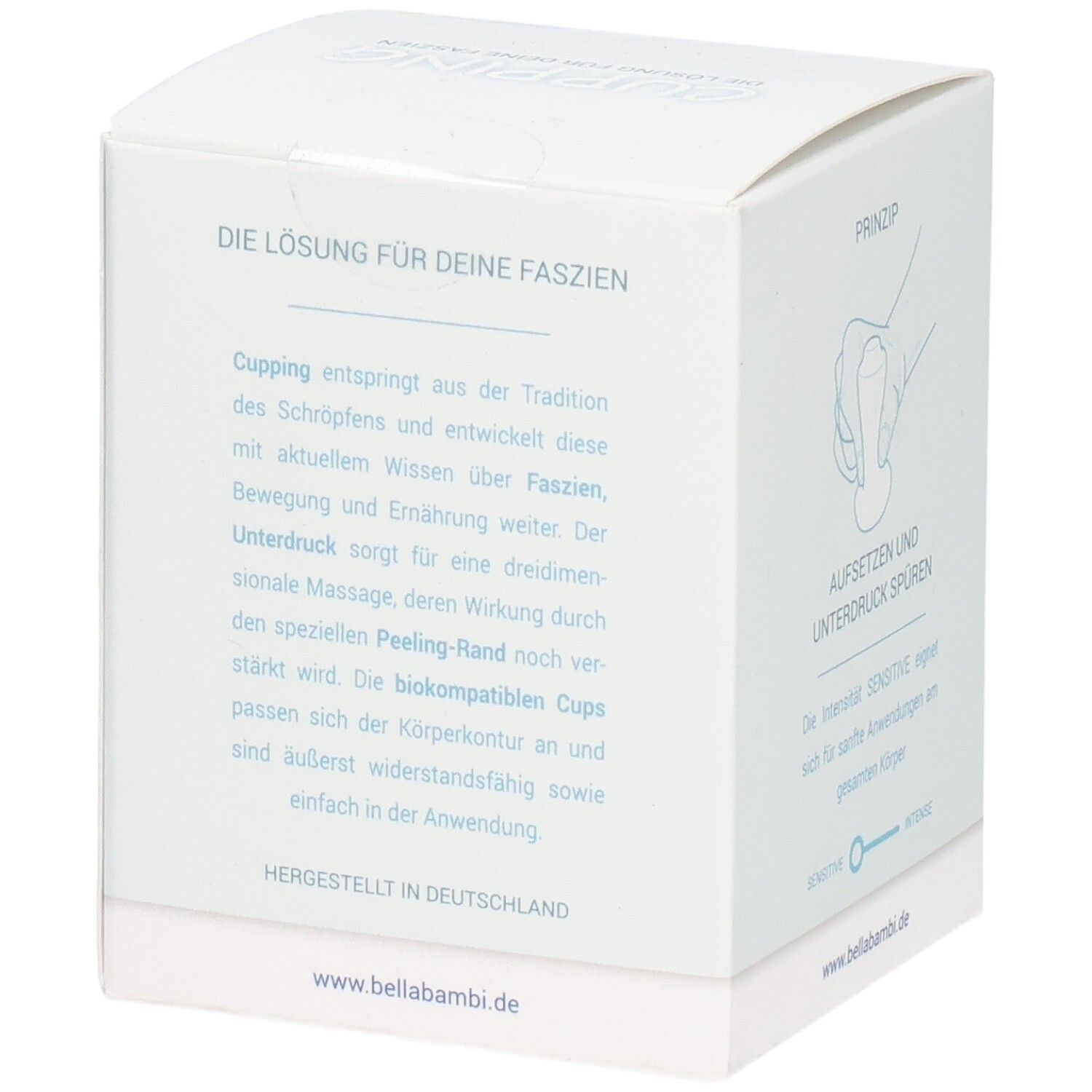 Verpackung mit Text. Aufschrift: Die Lösung für deine Faszien. Illustration. Hergestellt in Deutschland.