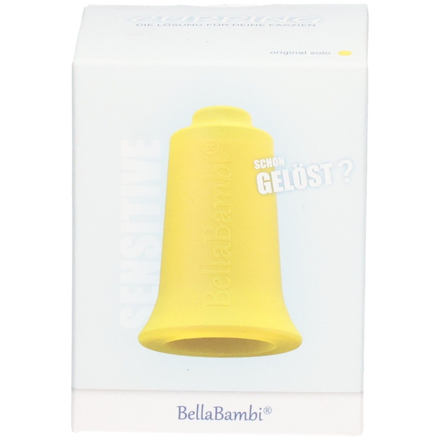 Gelber Schröpfkopf in Verpackung. Aufschrift: Bella Bambi, Sensitive. Text: Schön gelöst?