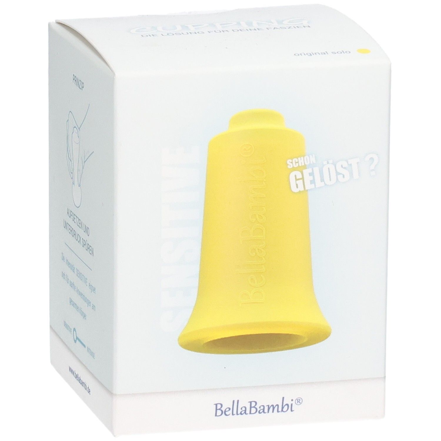 Verpackung mit gelbem Schröpfkopf. Aufschrift: Bella Bambi, Sensitive. Text: Schön gelöst? Illustration.