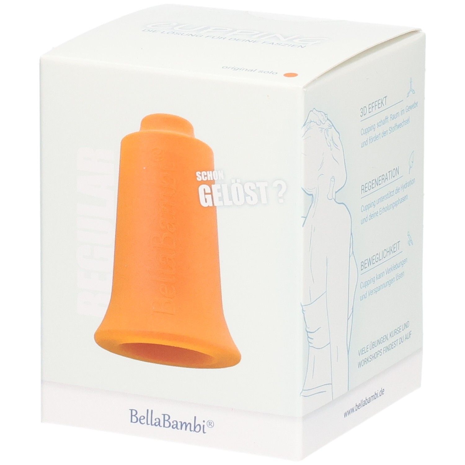 Orange Schröpfkopf in weißer Verpackung. Marke Bella Bambi. Text: Schon gelöst?