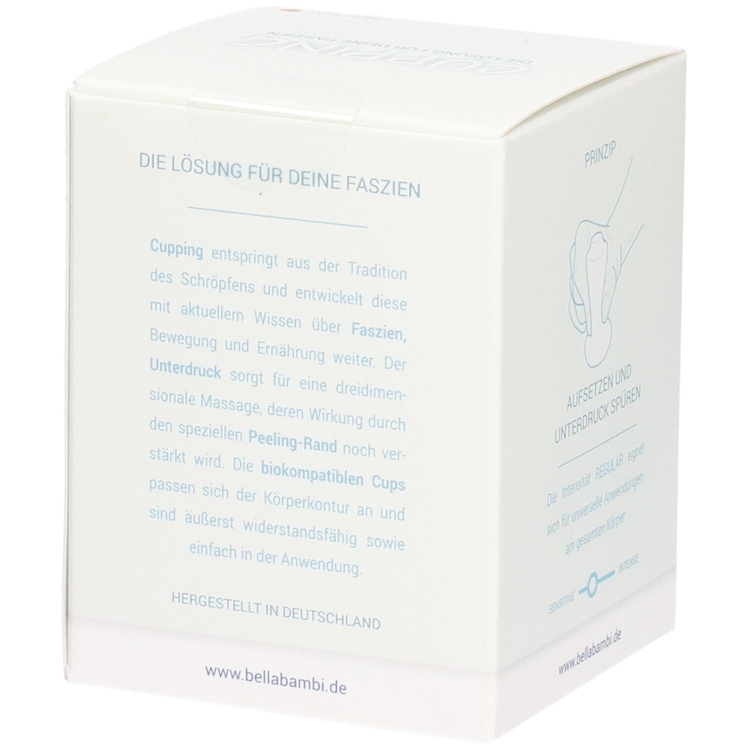 Weiße Verpackung mit Text: Die Lösung für deine Faszien. Marke Bella Bambi. Hergestellt in Deutschland.