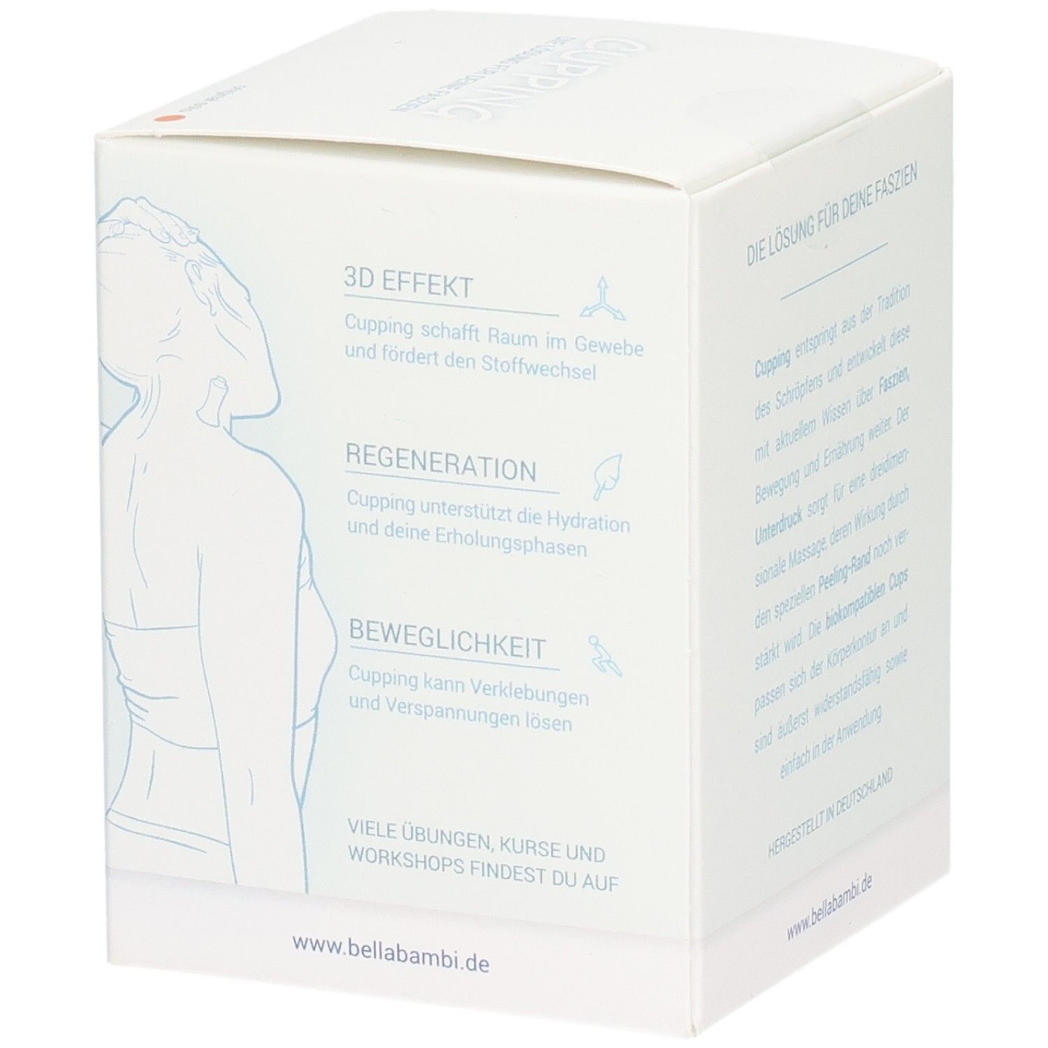 Weiße Verpackung mit Text über 3D Effekt, Regeneration, Beweglichkeit. Marke Bella Bambi.